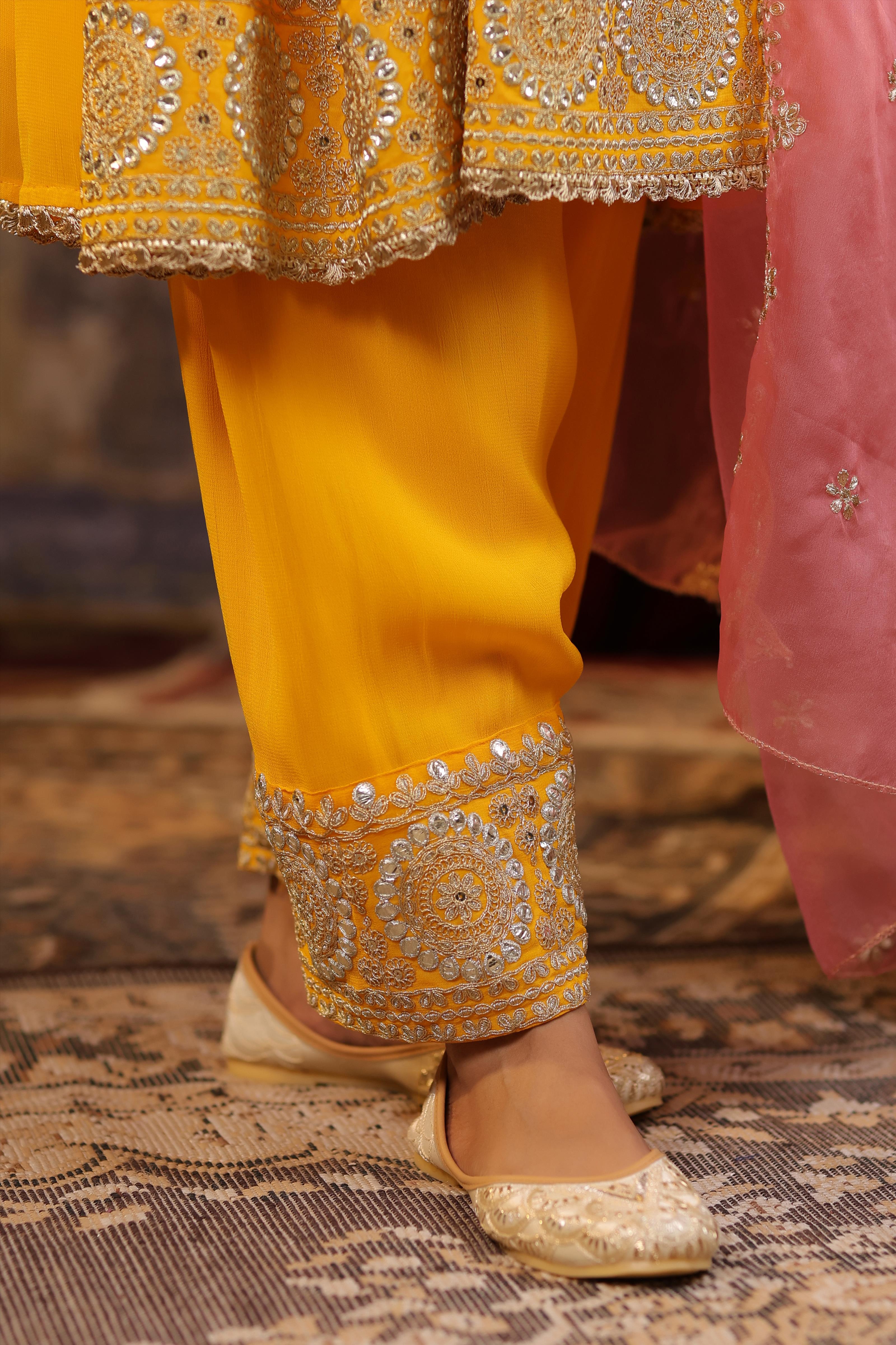 Yellow-Rose Pink Georgette Dori-Gota Work Anarkali Set