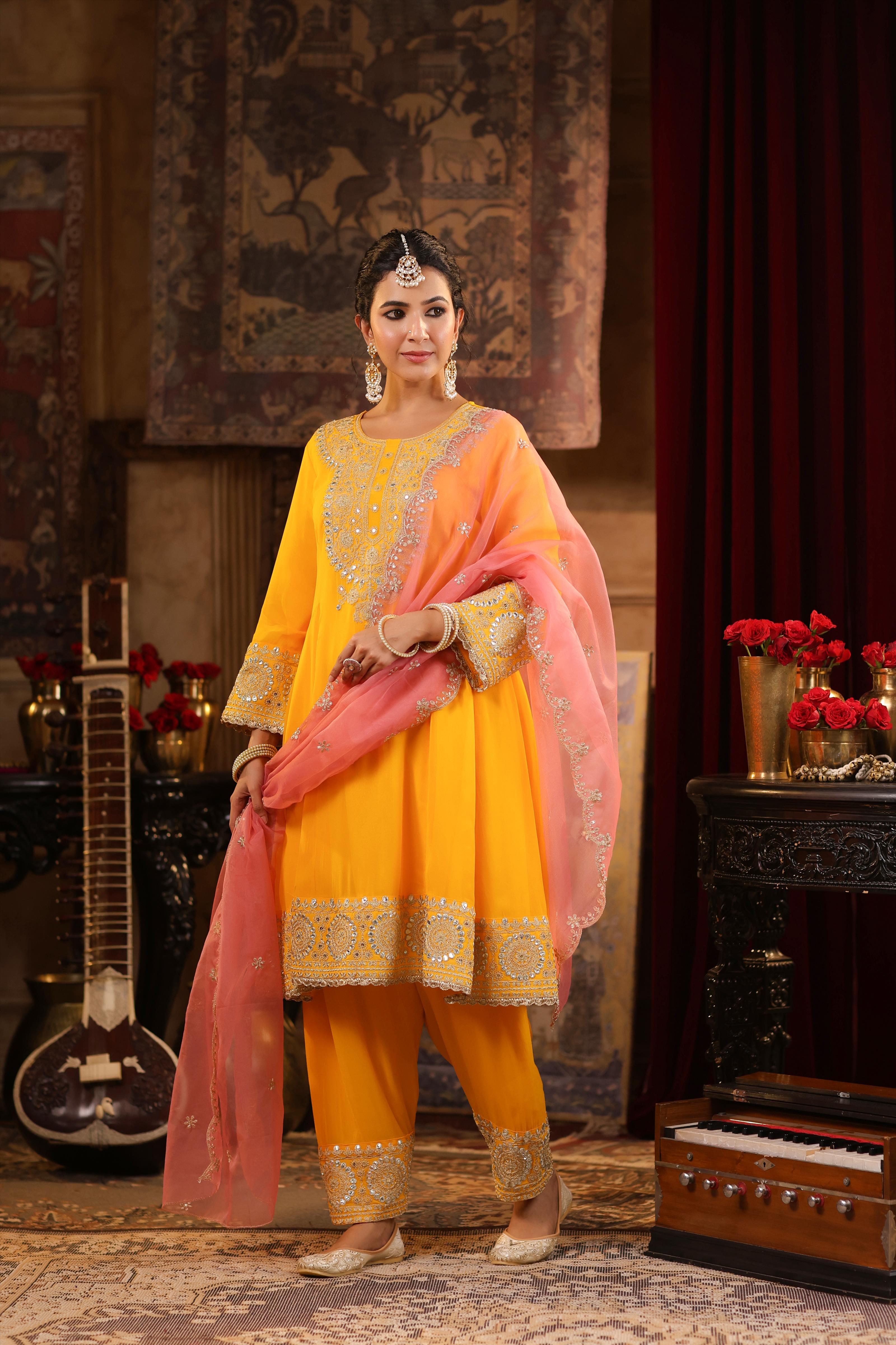 Yellow-Rose Pink Georgette Dori-Gota Work Anarkali Set