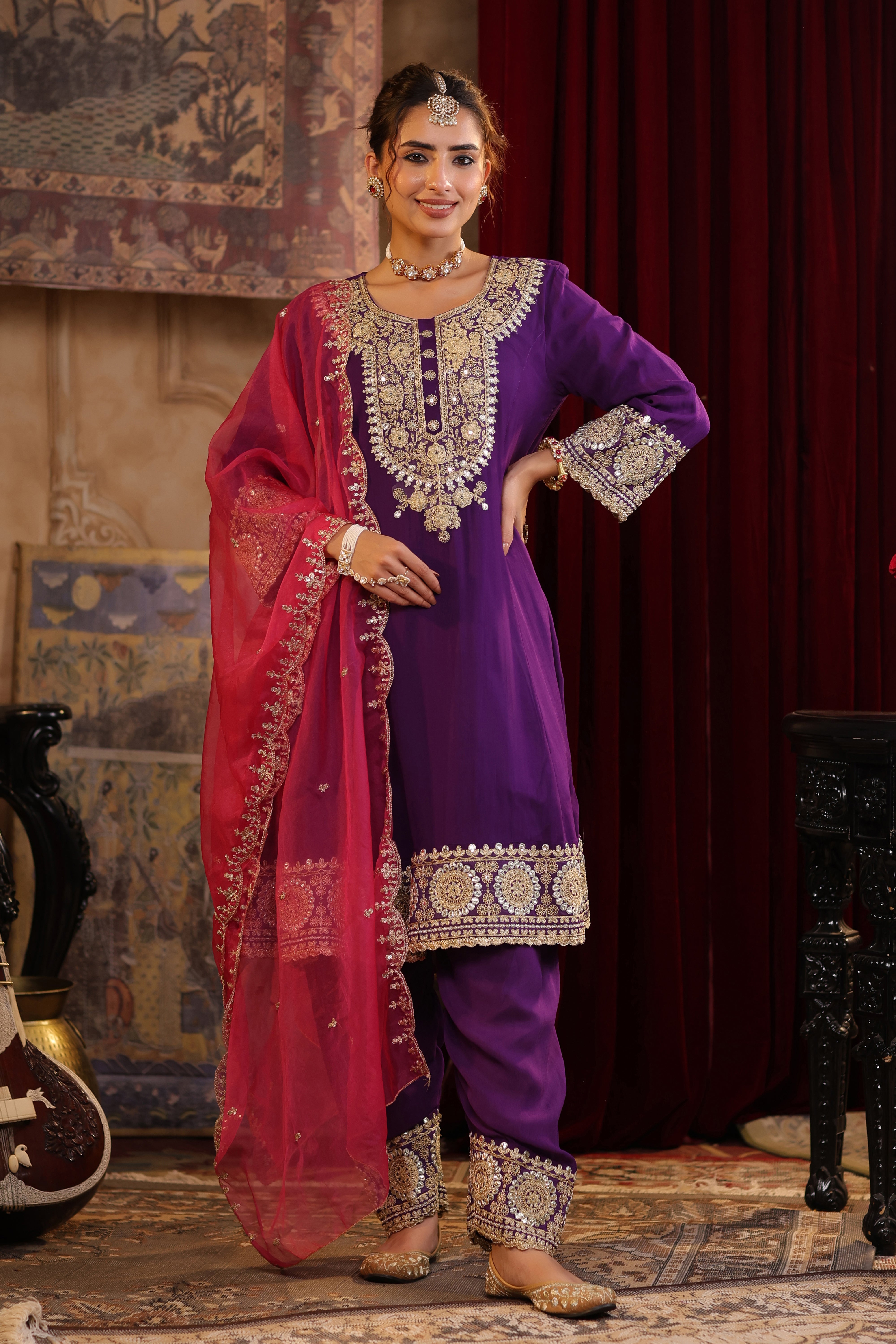 Purple-Fuchsia Georgette Dori-Gota Work Anarkali Set