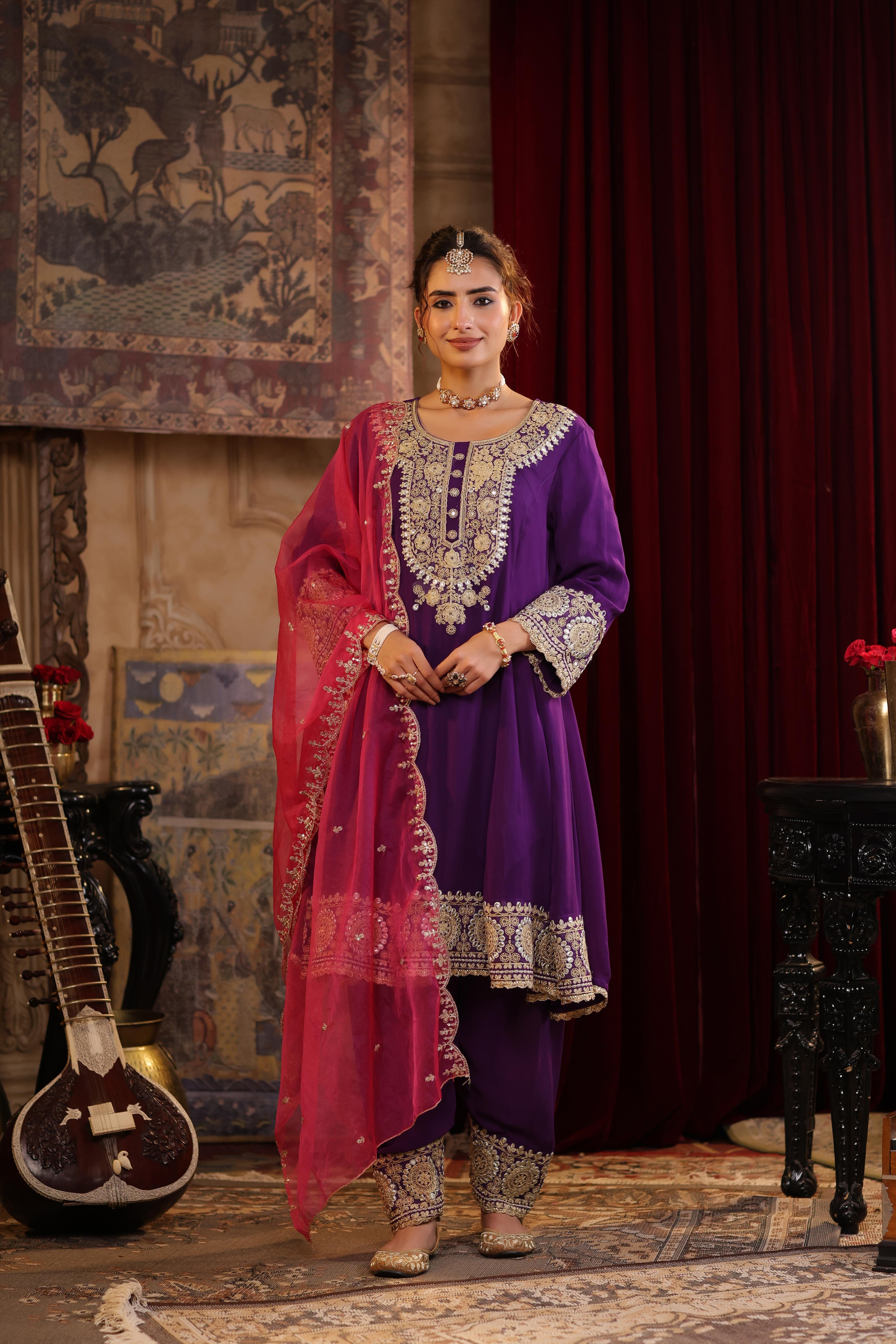 Purple-Fuchsia Georgette Dori-Gota Work Anarkali Set