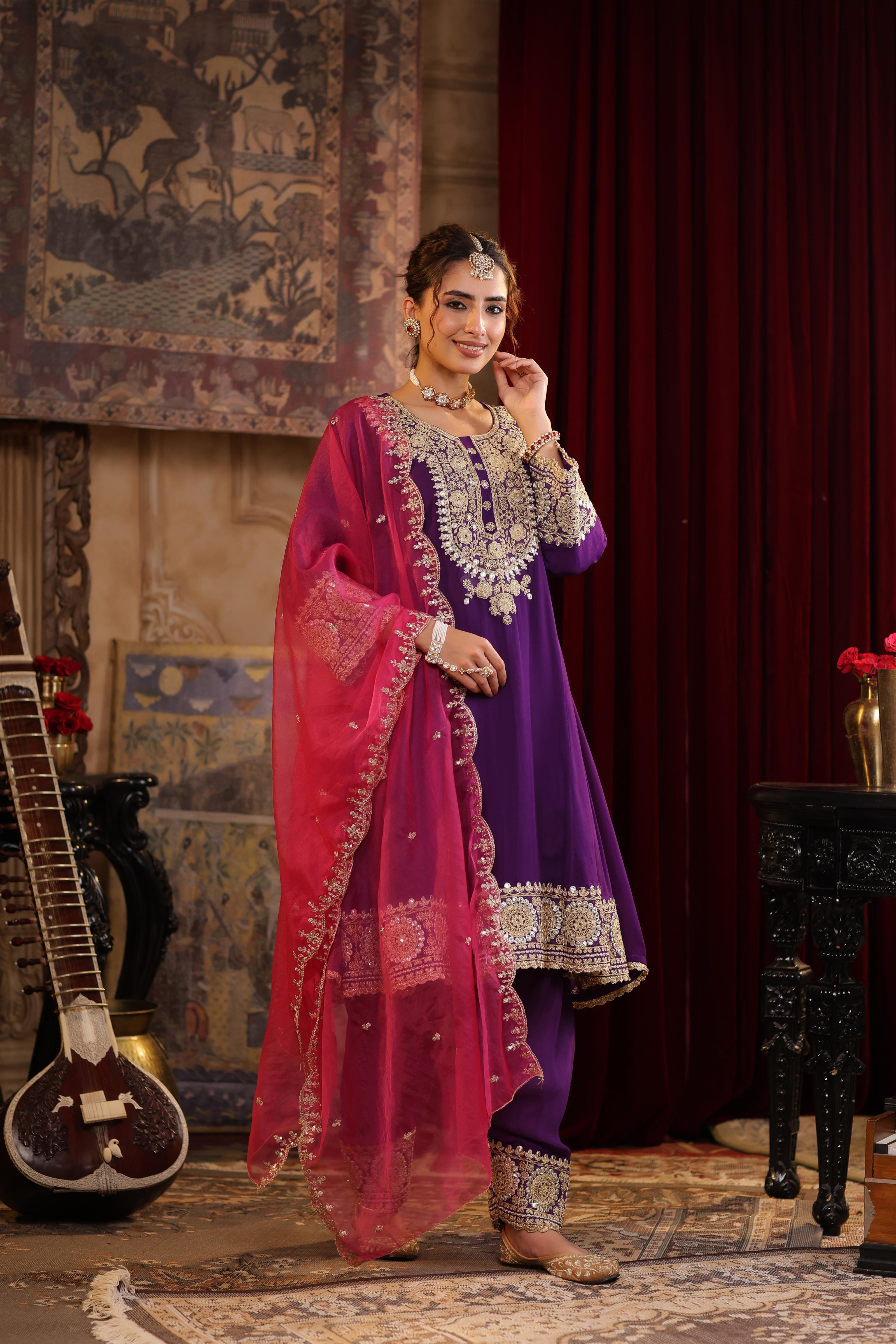 Purple-Fuchsia Georgette Dori-Gota Work Anarkali Set