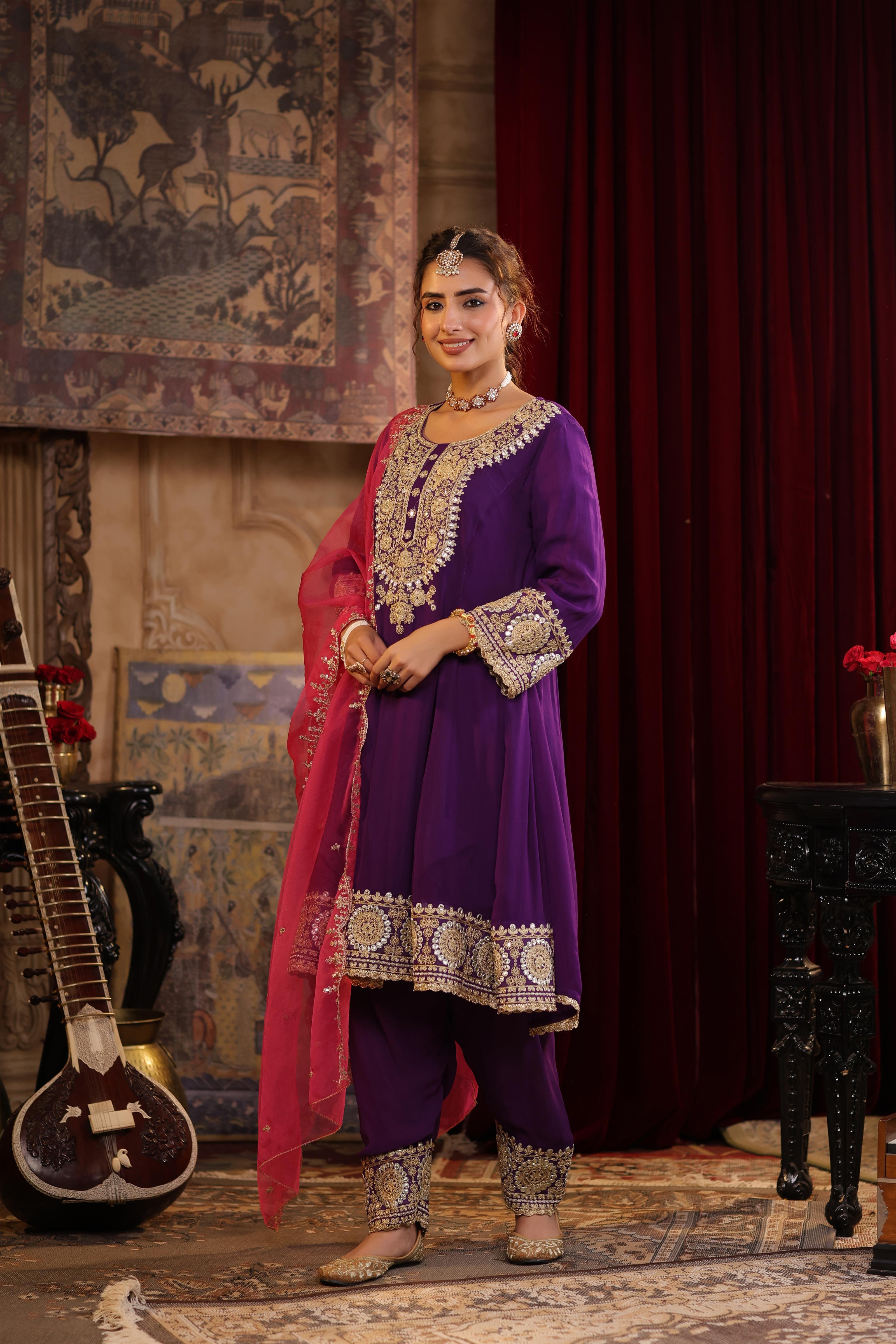 Purple-Fuchsia Georgette Dori-Gota Work Anarkali Set