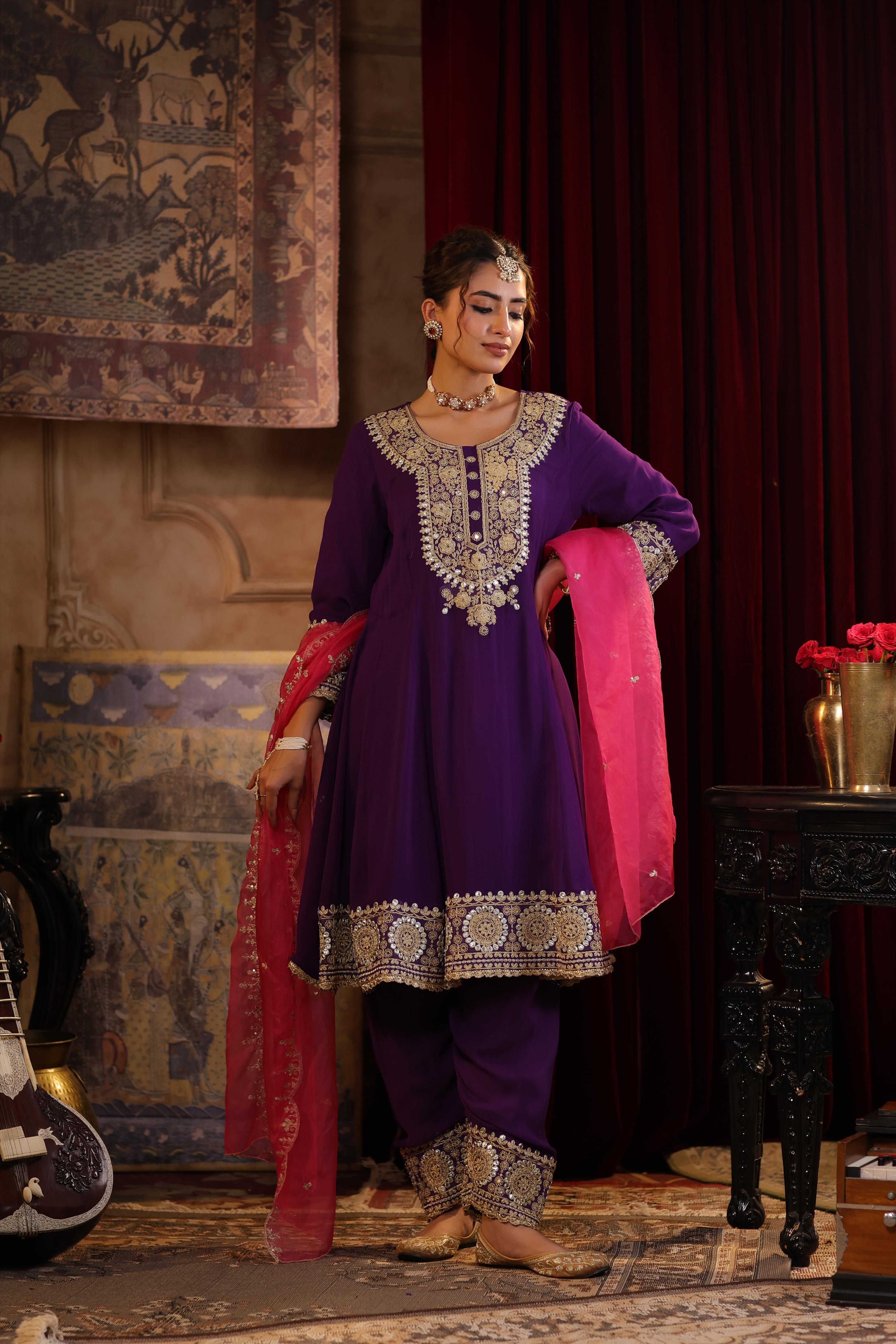 Purple-Fuchsia Georgette Dori-Gota Work Anarkali Set