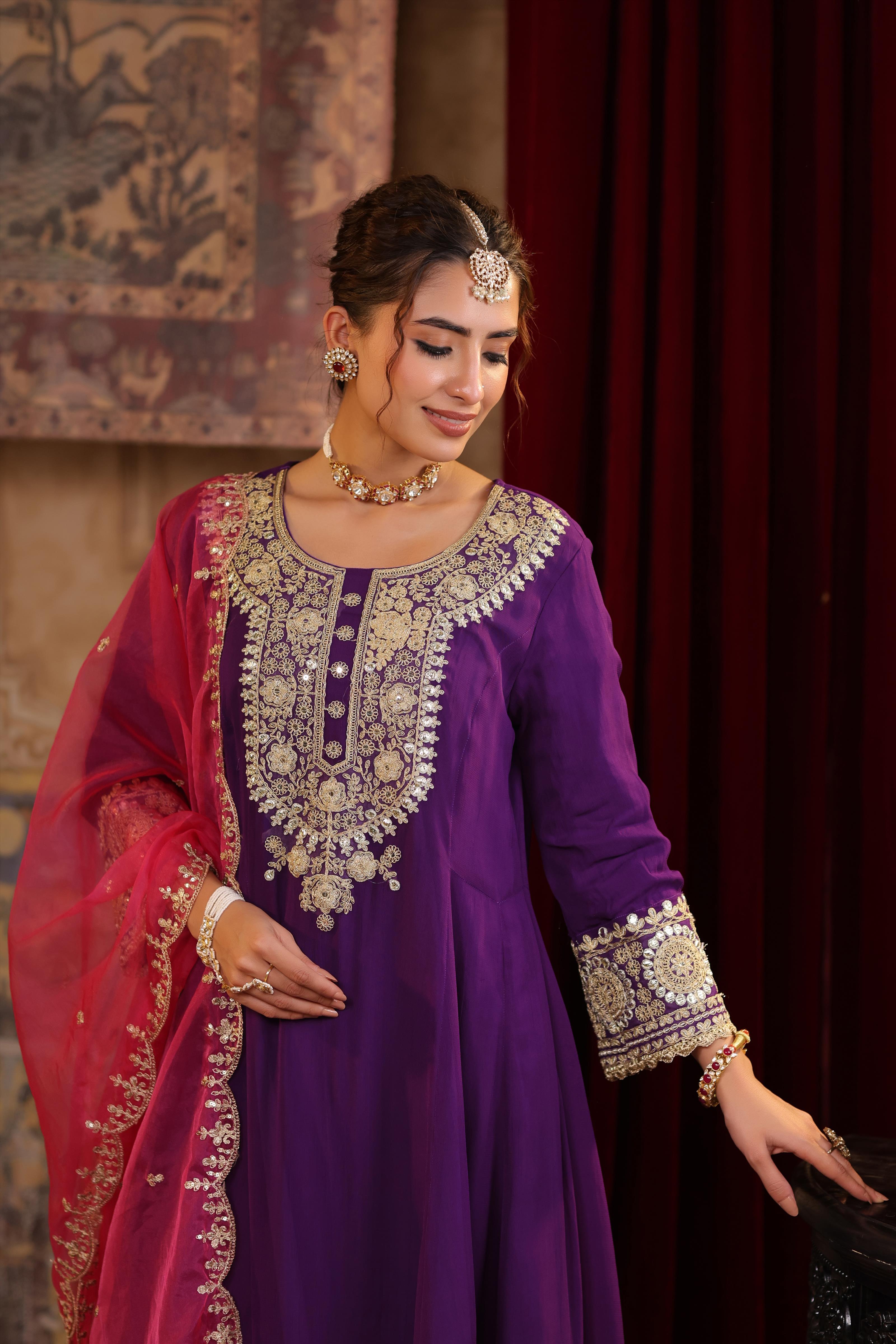 Purple-Fuchsia Georgette Dori-Gota Work Anarkali Set