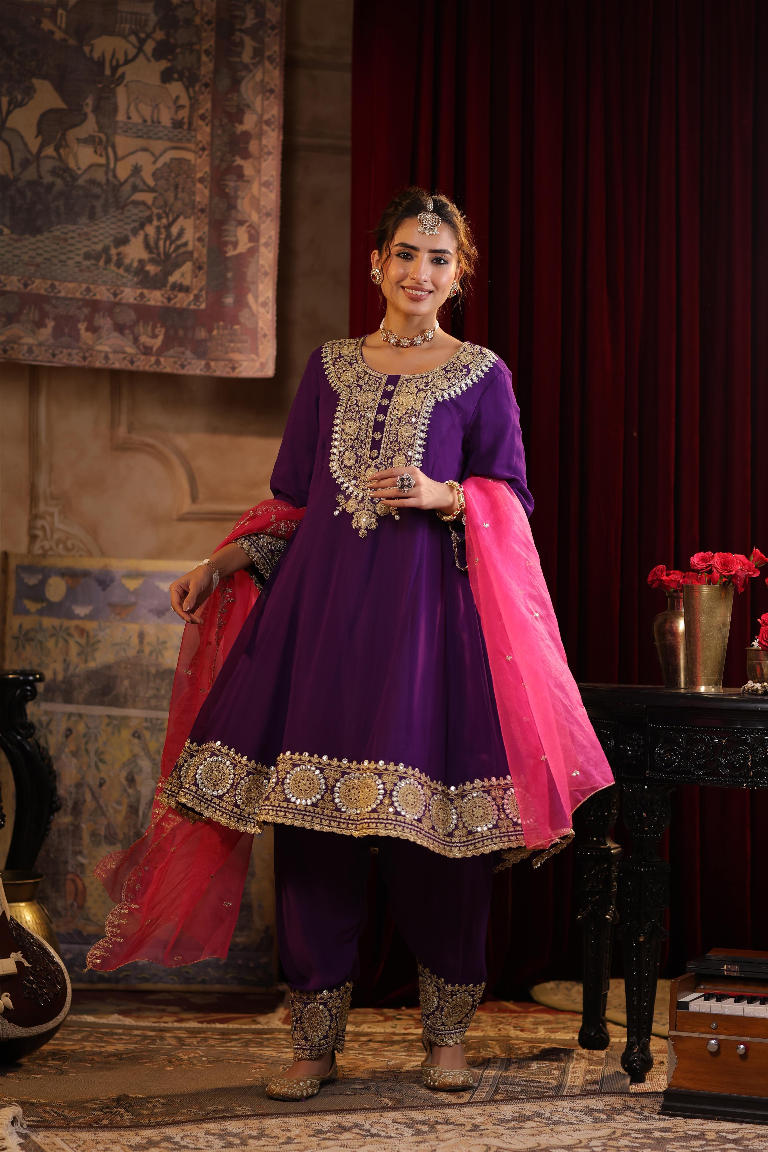 Purple-Fuchsia Georgette Dori-Gota Work Anarkali Set