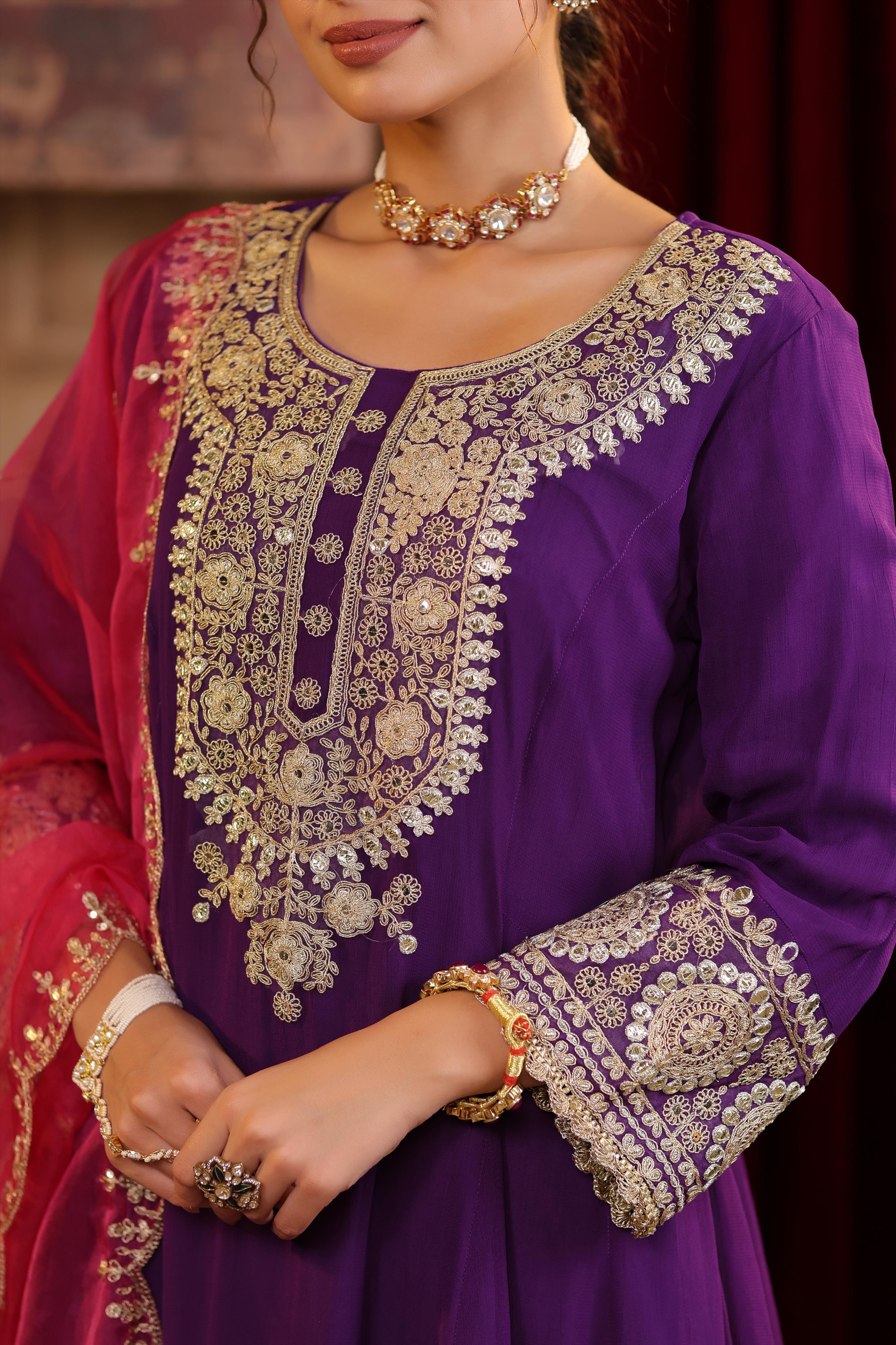 Purple-Fuchsia Georgette Dori-Gota Work Anarkali Set