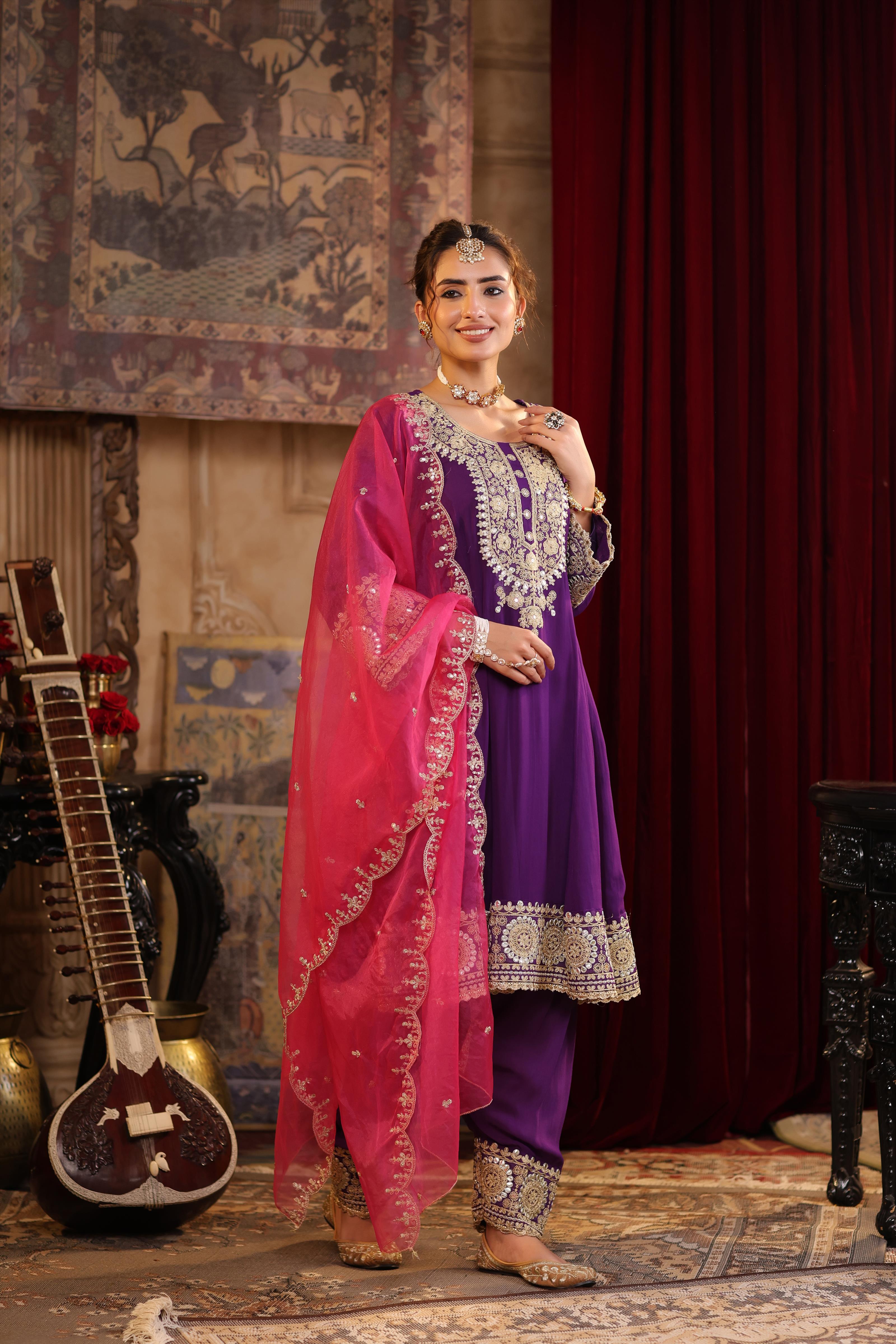 Purple-Fuchsia Georgette Dori-Gota Work Anarkali Set