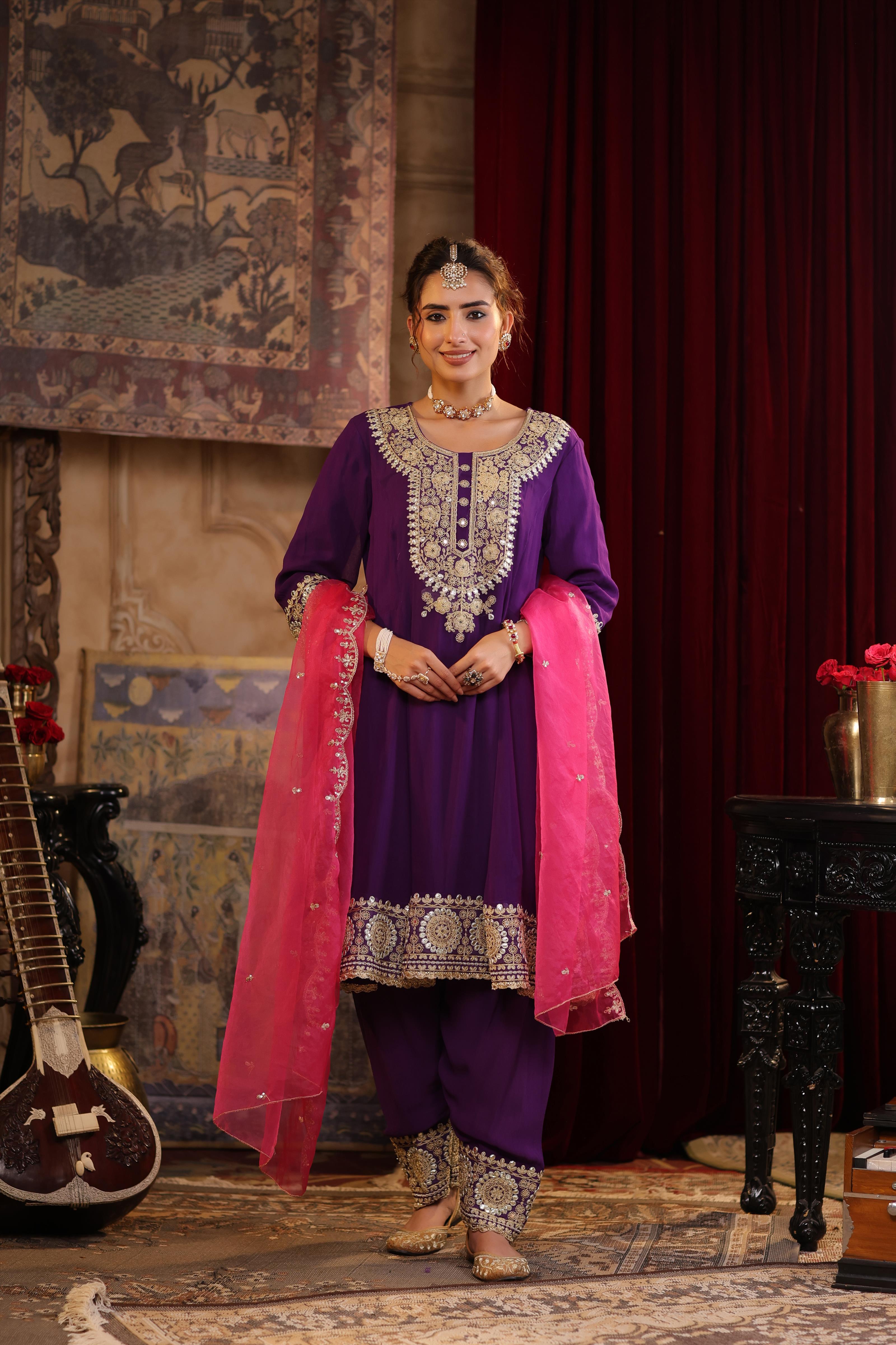 Purple-Fuchsia Georgette Dori-Gota Work Anarkali Set