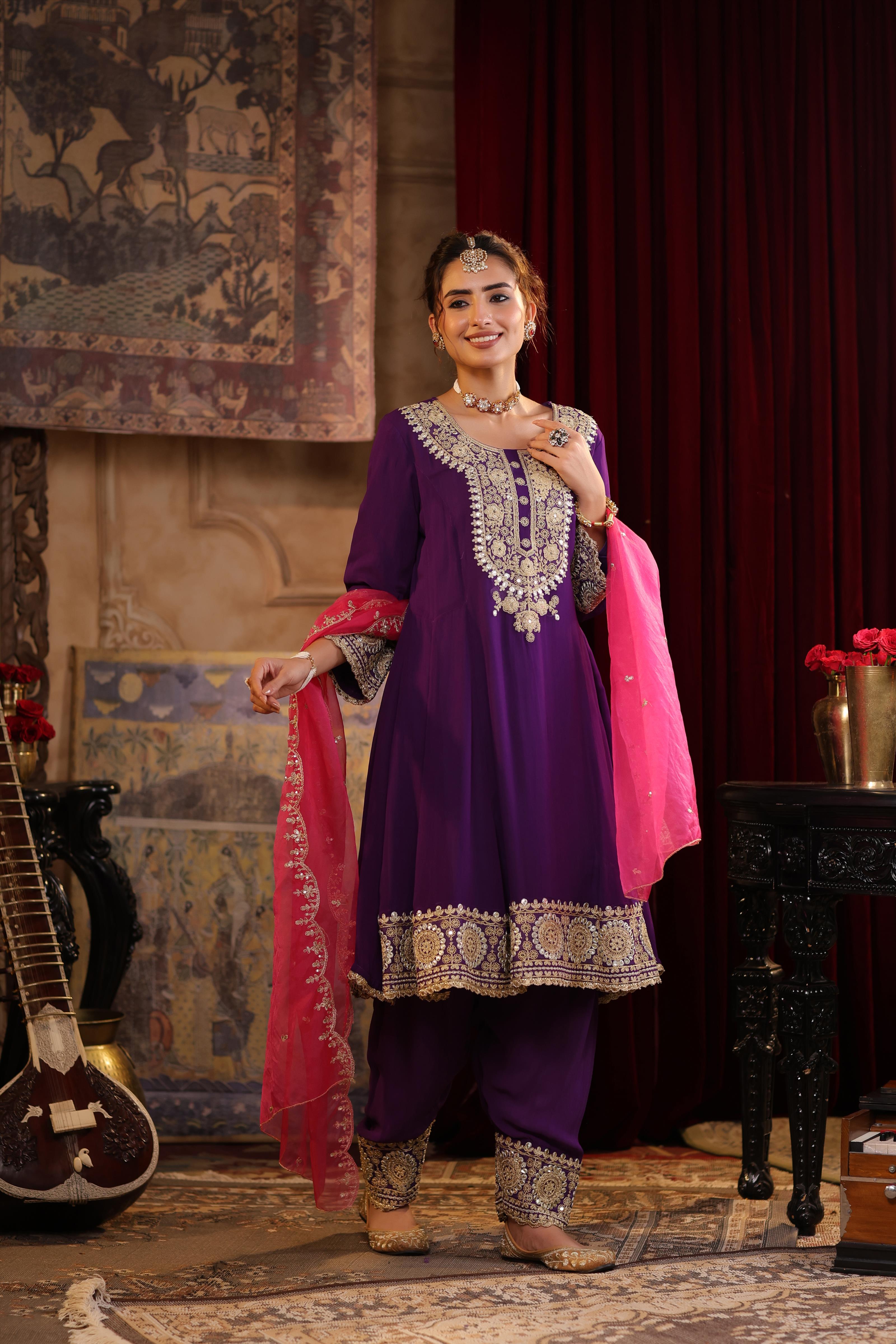 Purple-Fuchsia Georgette Dori-Gota Work Anarkali Set