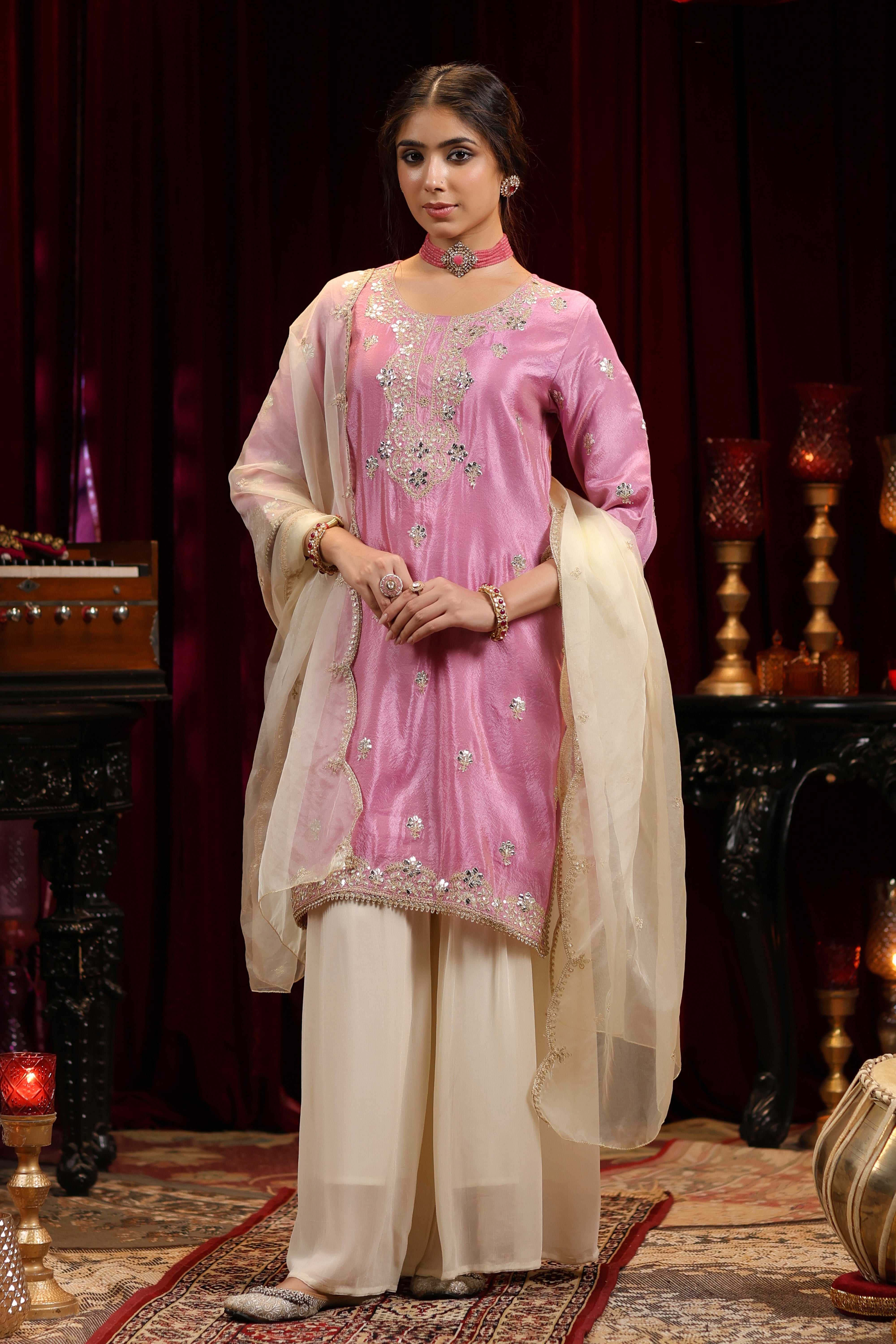 Mauve-Ivory Shimmer Organza Dori-Gota Work Sharara Set