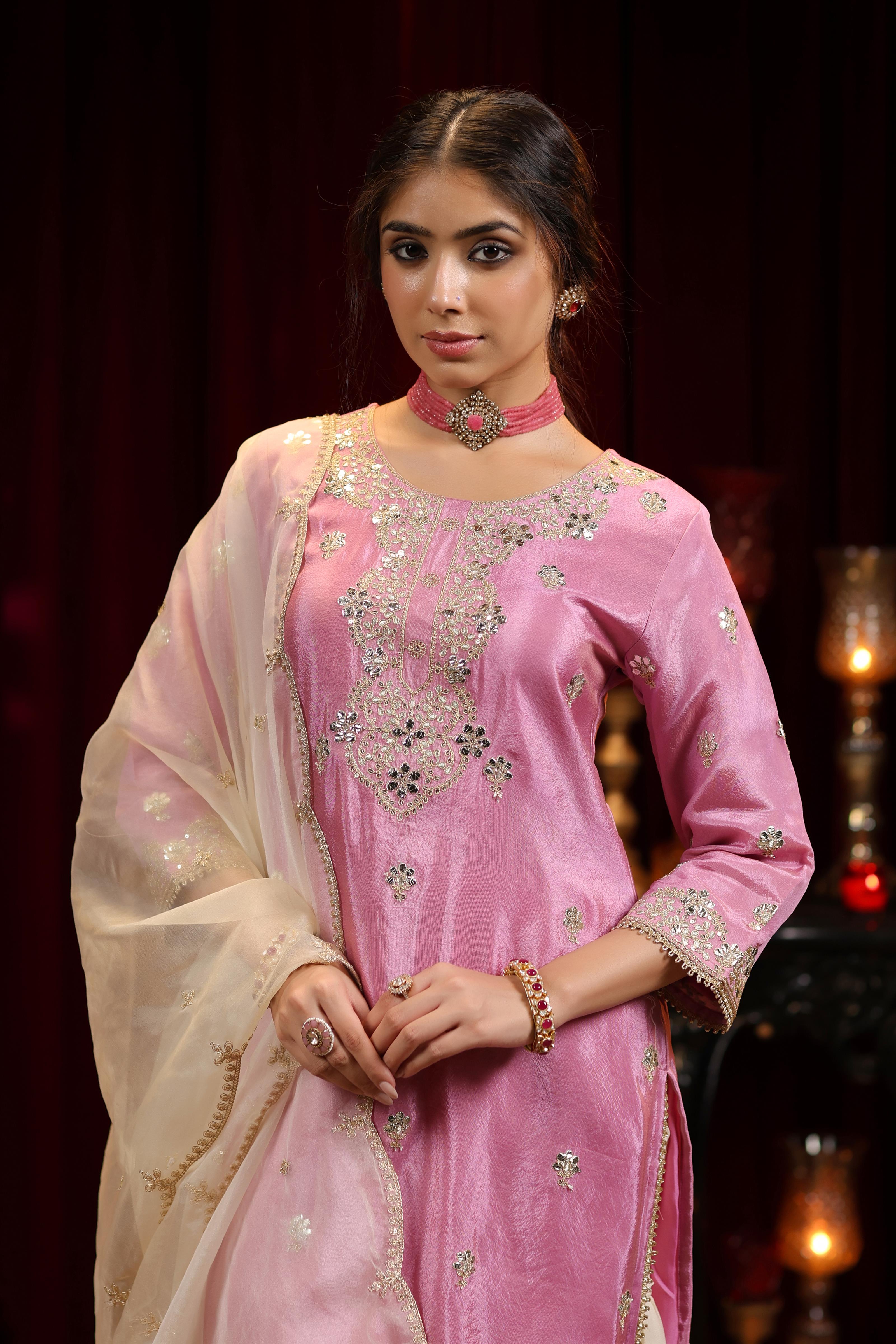 Mauve-Ivory Shimmer Organza Dori-Gota Work Sharara Set