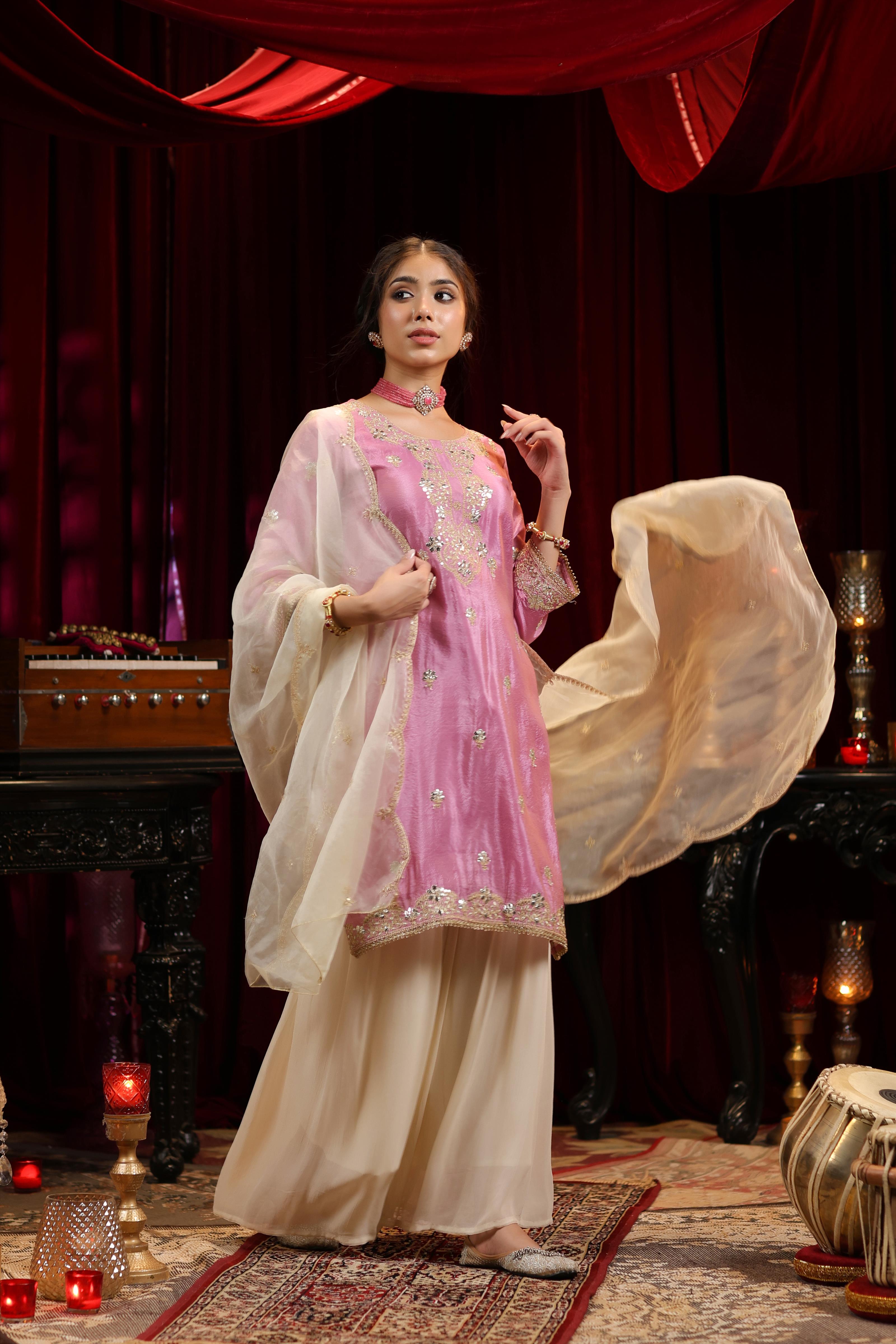 Mauve-Ivory Shimmer Organza Dori-Gota Work Sharara Set