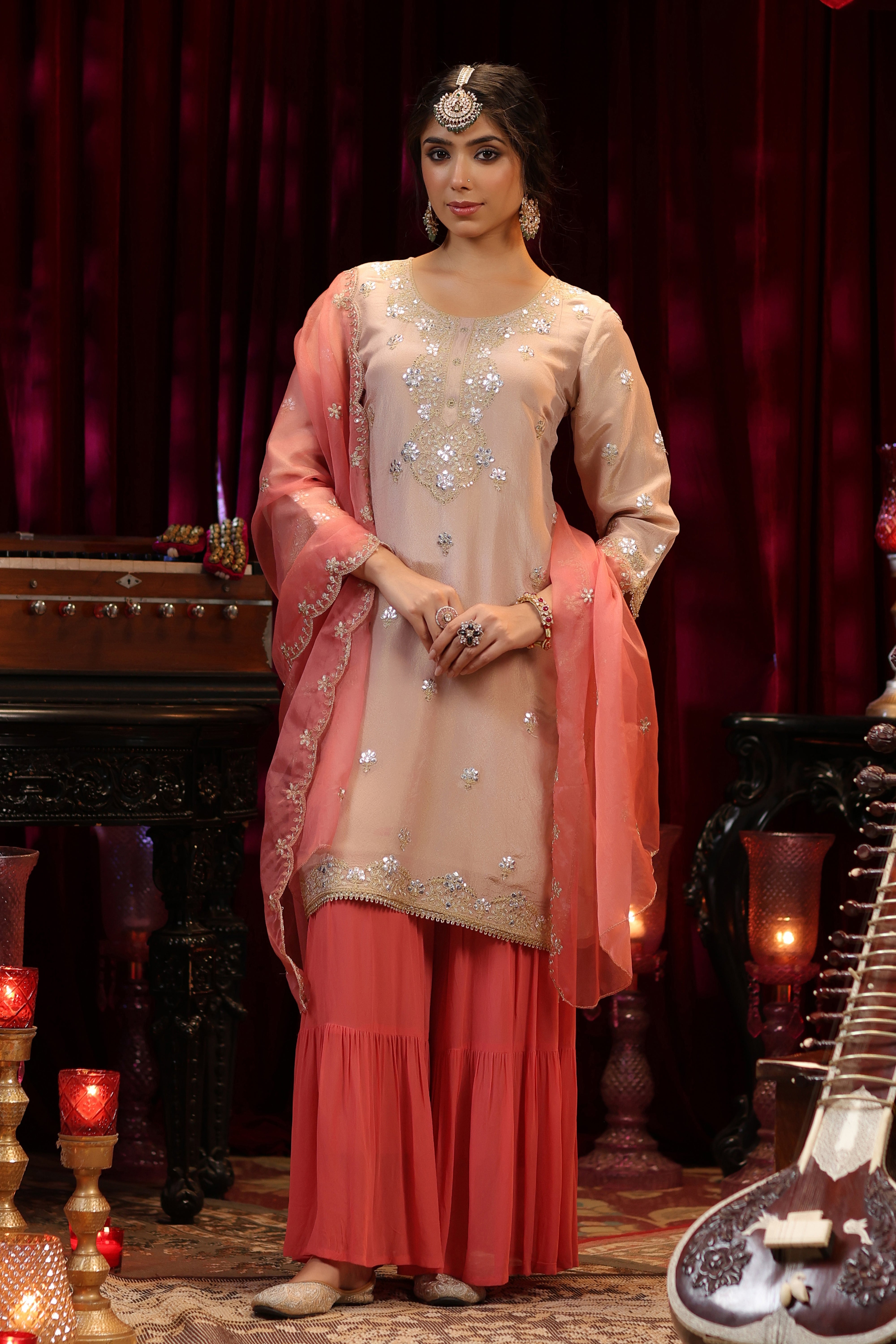 Rose Pink Shimmer Organza Dori-Gota Work Sharara Set