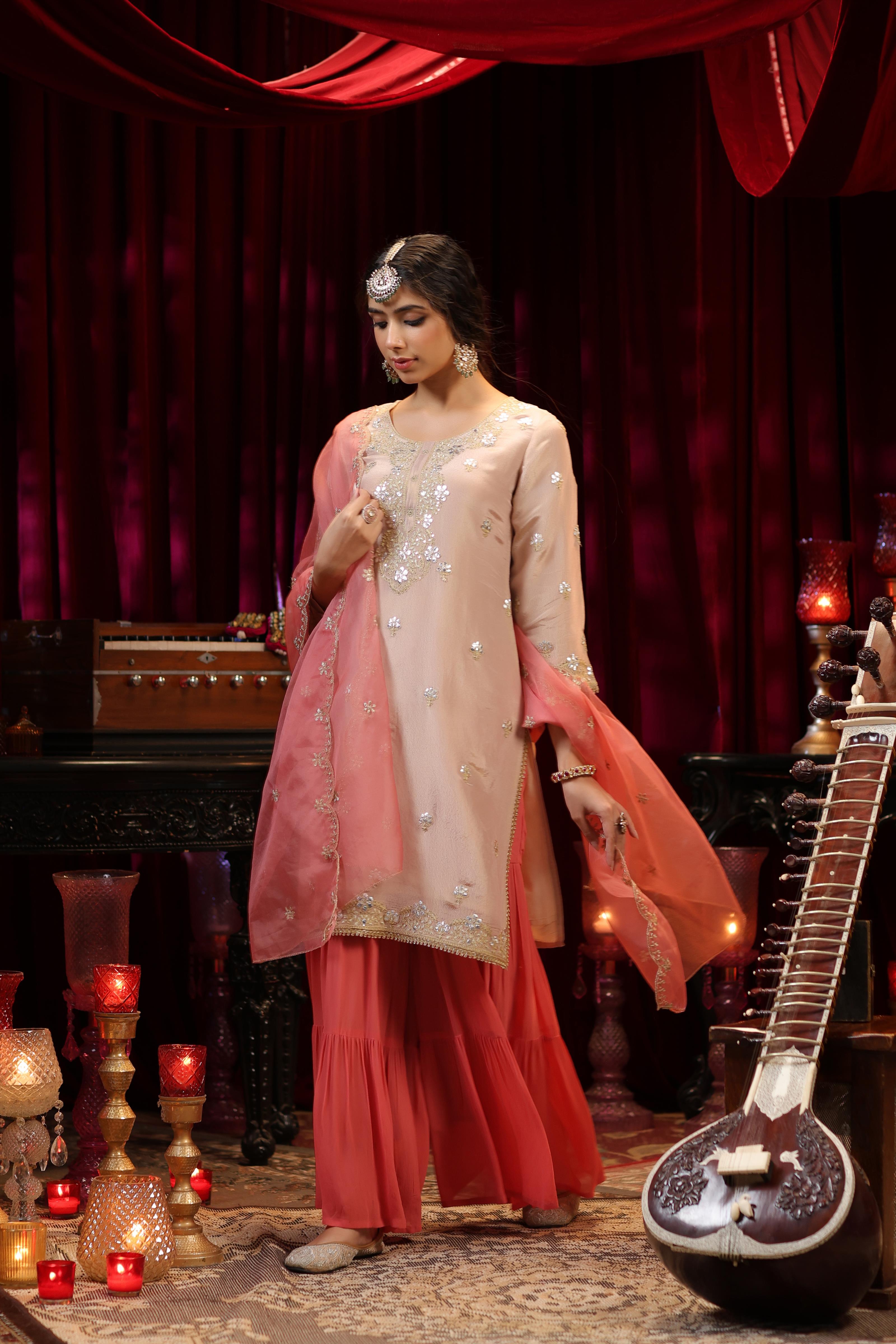 Rose Pink Shimmer Organza Dori-Gota Work Sharara Set