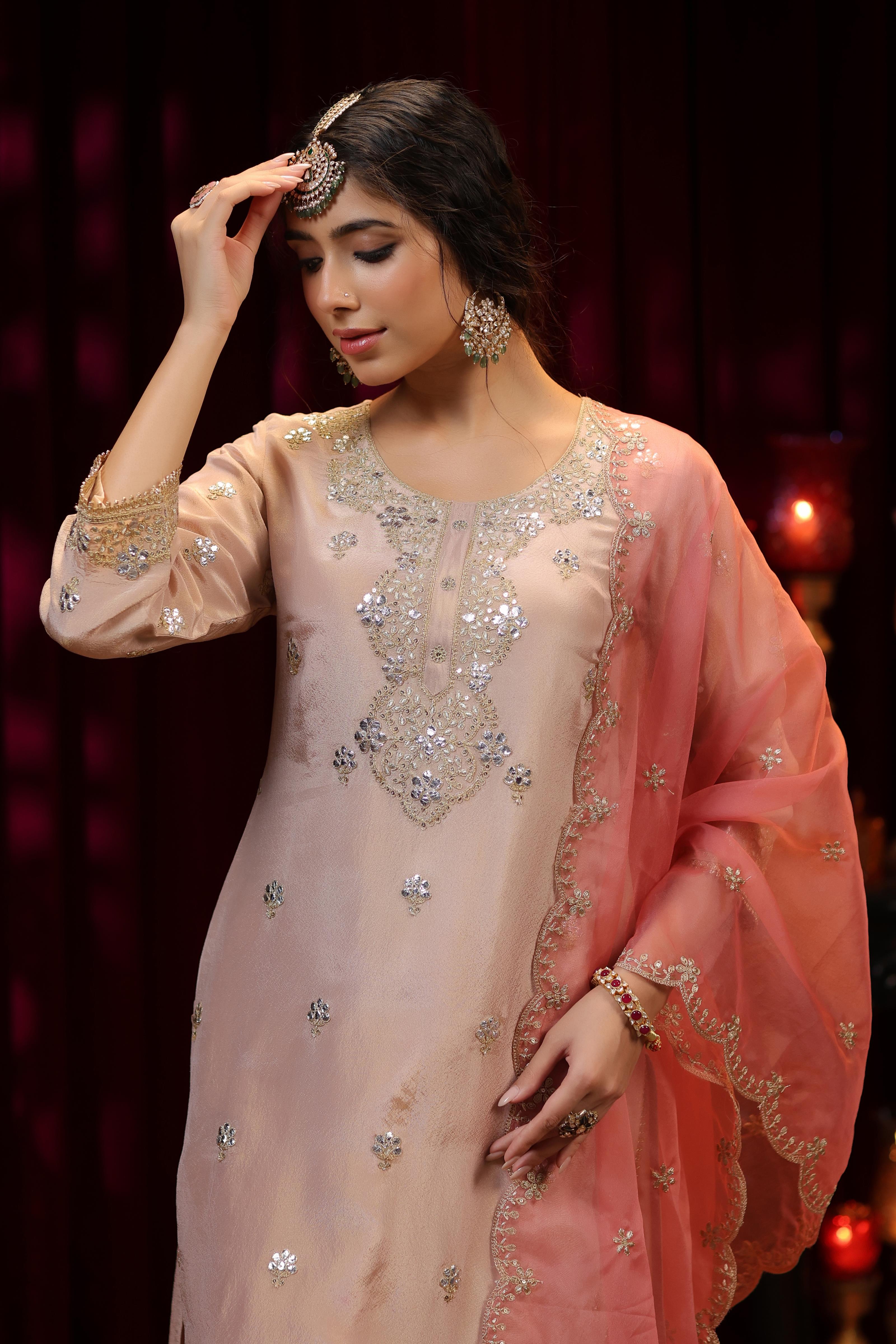 Rose Pink Shimmer Organza Dori-Gota Work Sharara Set