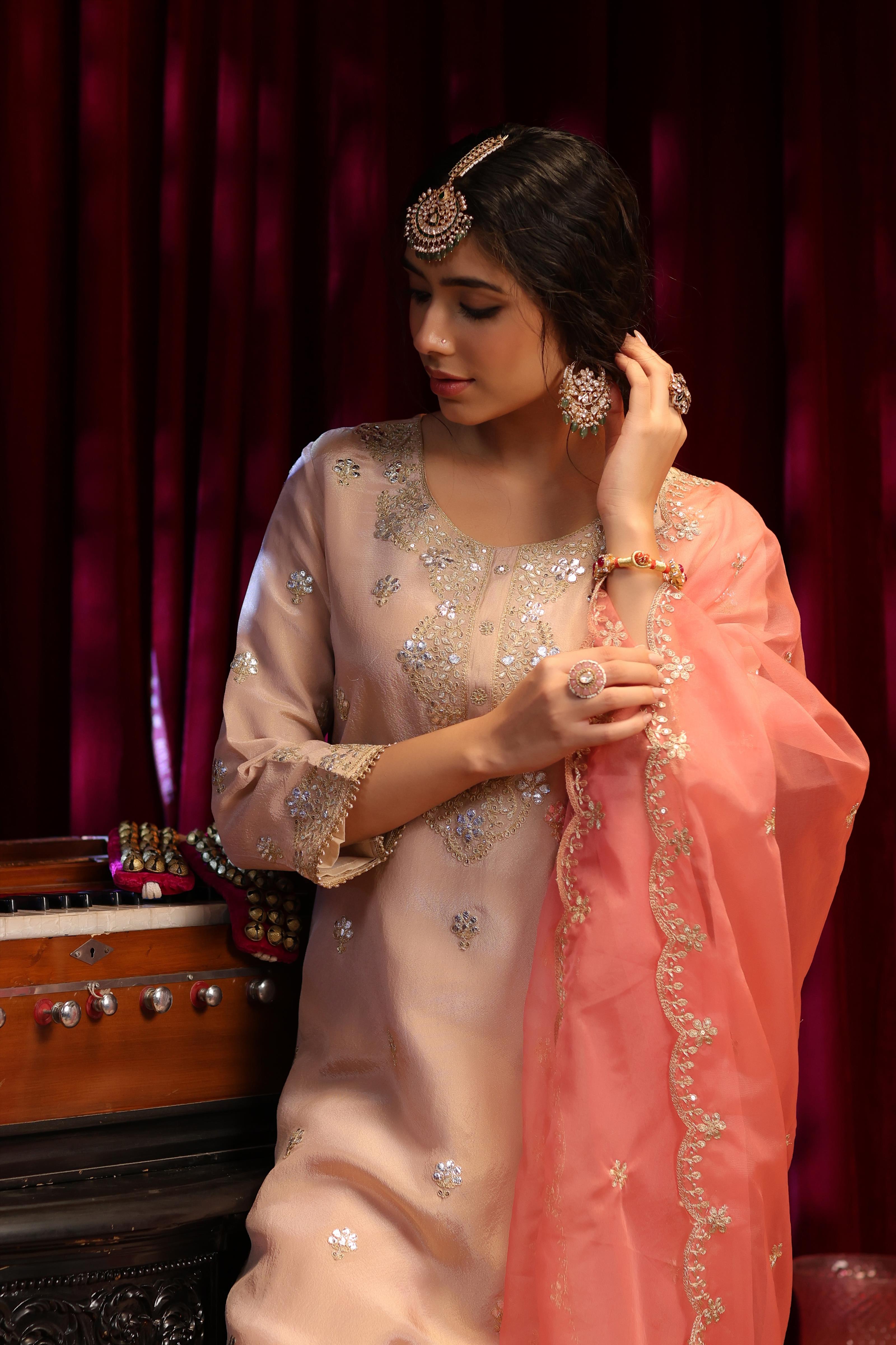 Rose Pink Shimmer Organza Dori-Gota Work Sharara Set