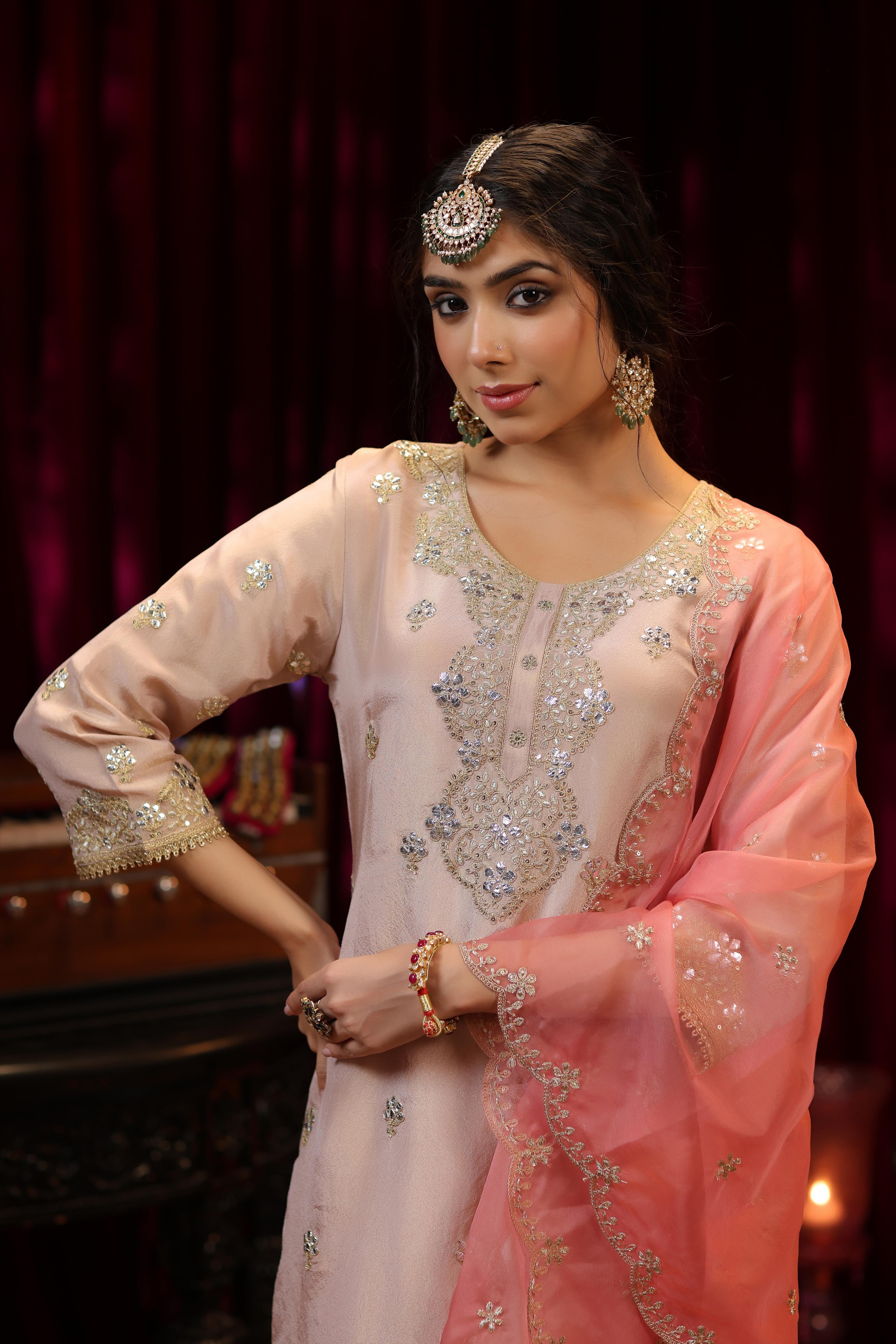 Rose Pink Shimmer Organza Dori-Gota Work Sharara Set