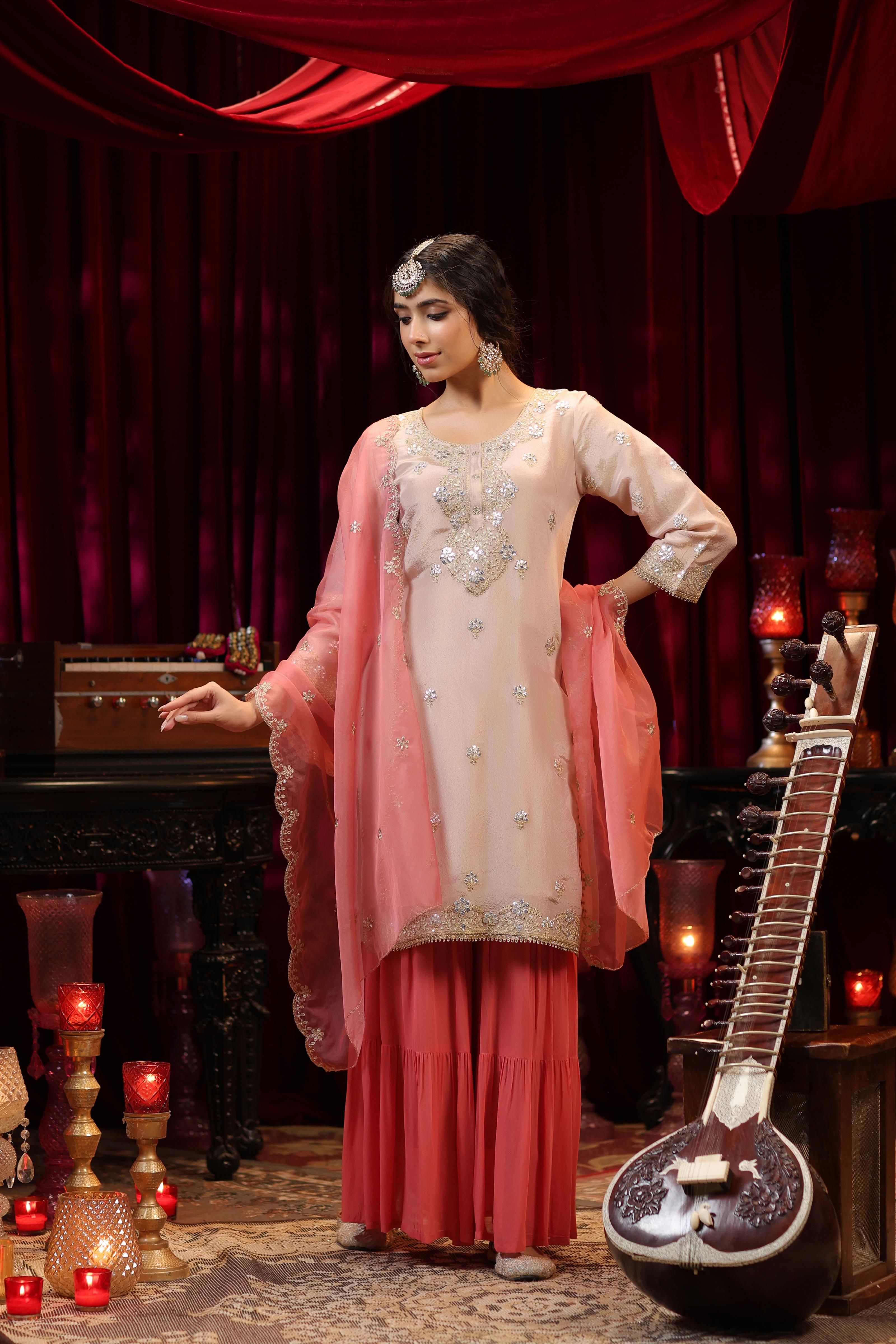 Rose Pink Shimmer Organza Dori-Gota Work Sharara Set