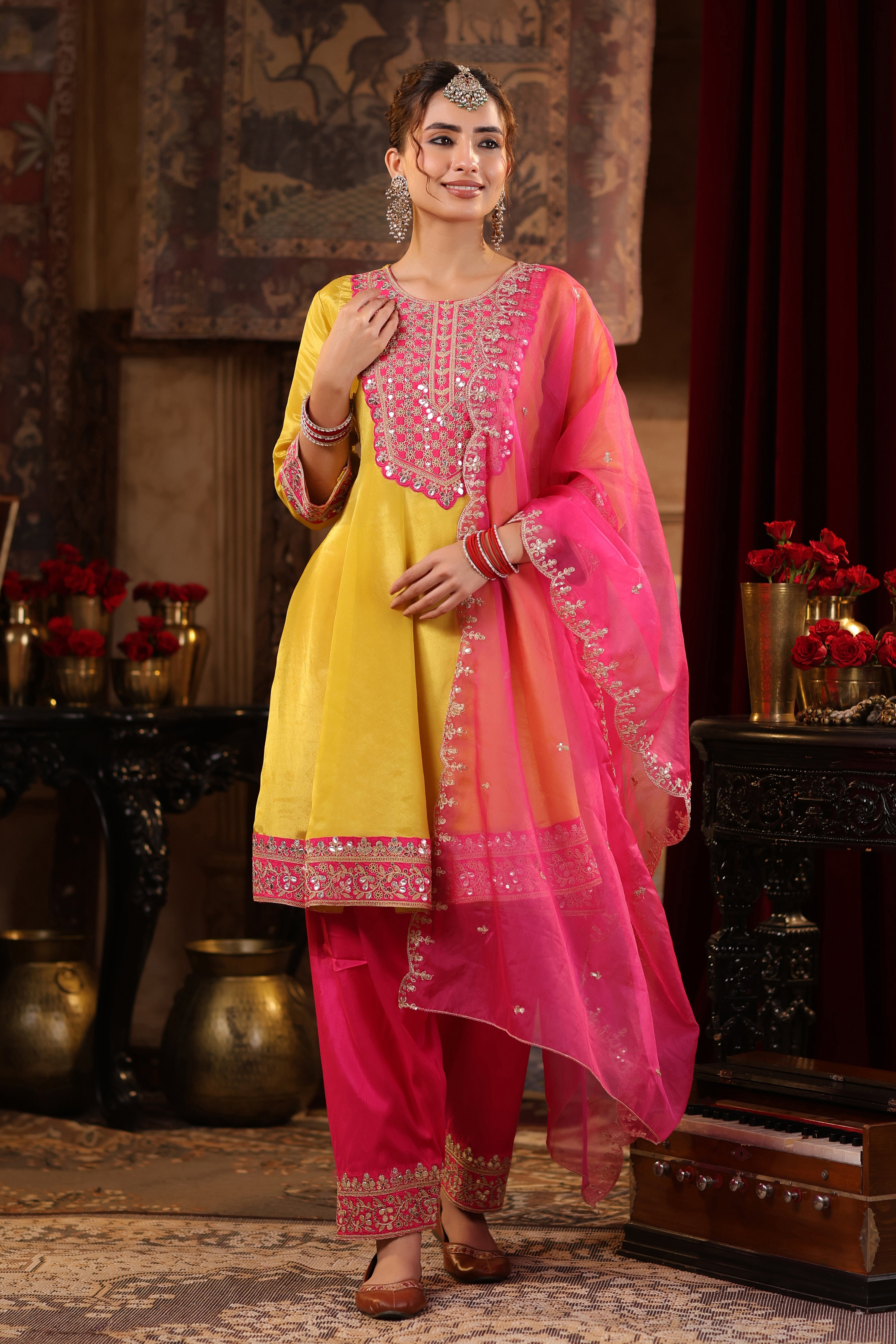 Lime Green-Fuchsia Shimmer Organza Dori-Gota Work Anarkali Set