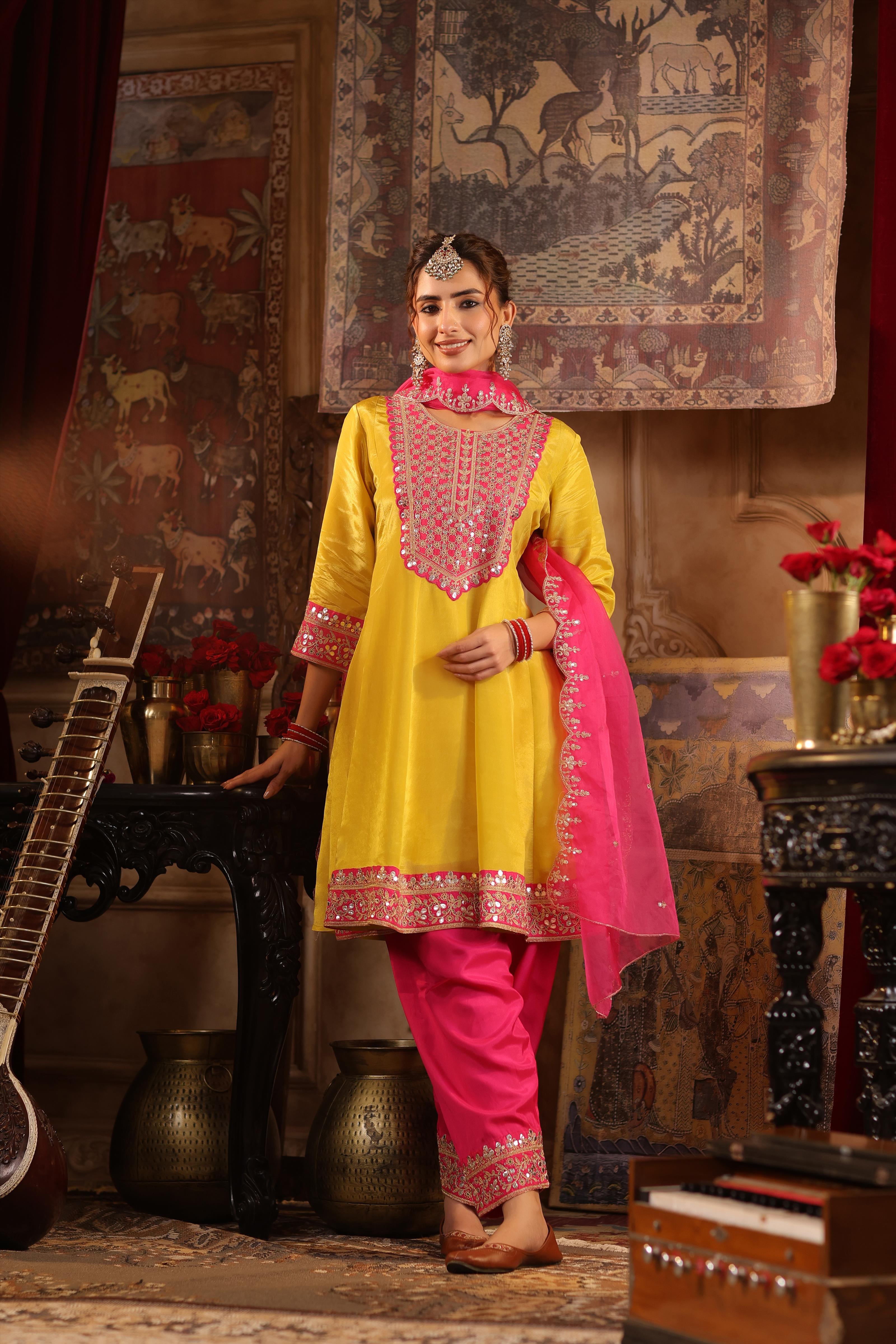 Lime Green-Fuchsia Shimmer Organza Dori-Gota Work Anarkali Set