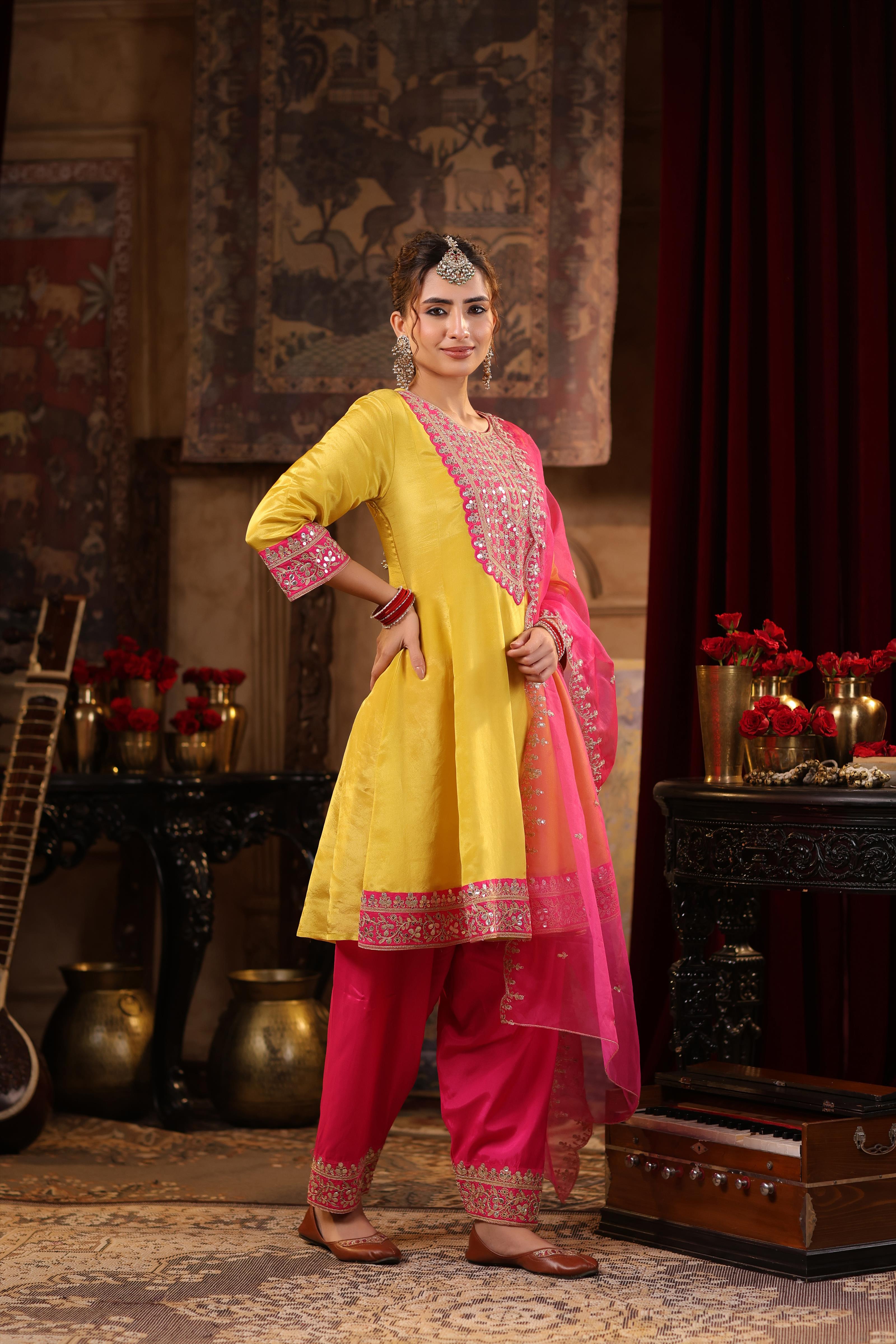 Lime Green-Fuchsia Shimmer Organza Dori-Gota Work Anarkali Set