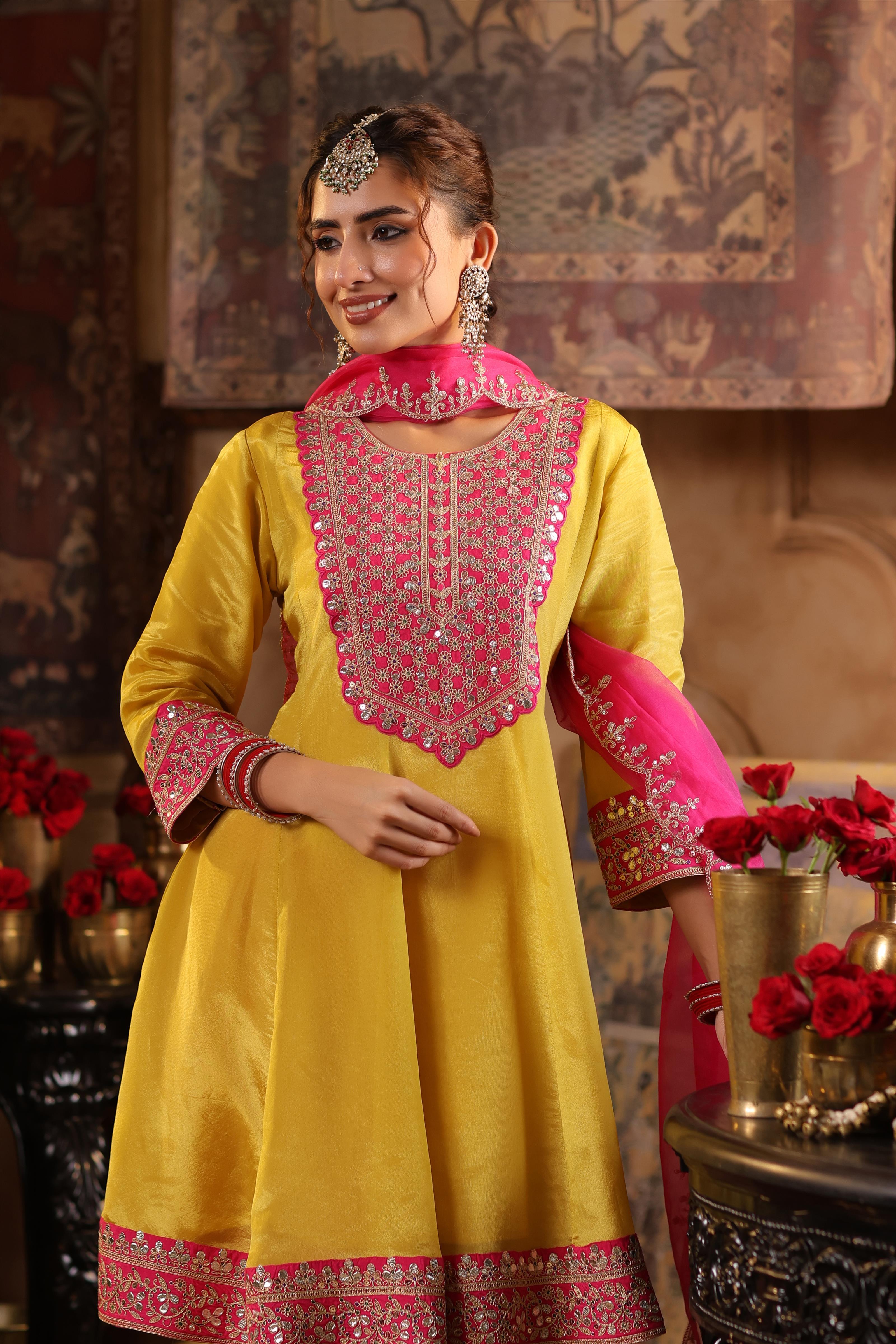 Lime Green-Fuchsia Shimmer Organza Dori-Gota Work Anarkali Set