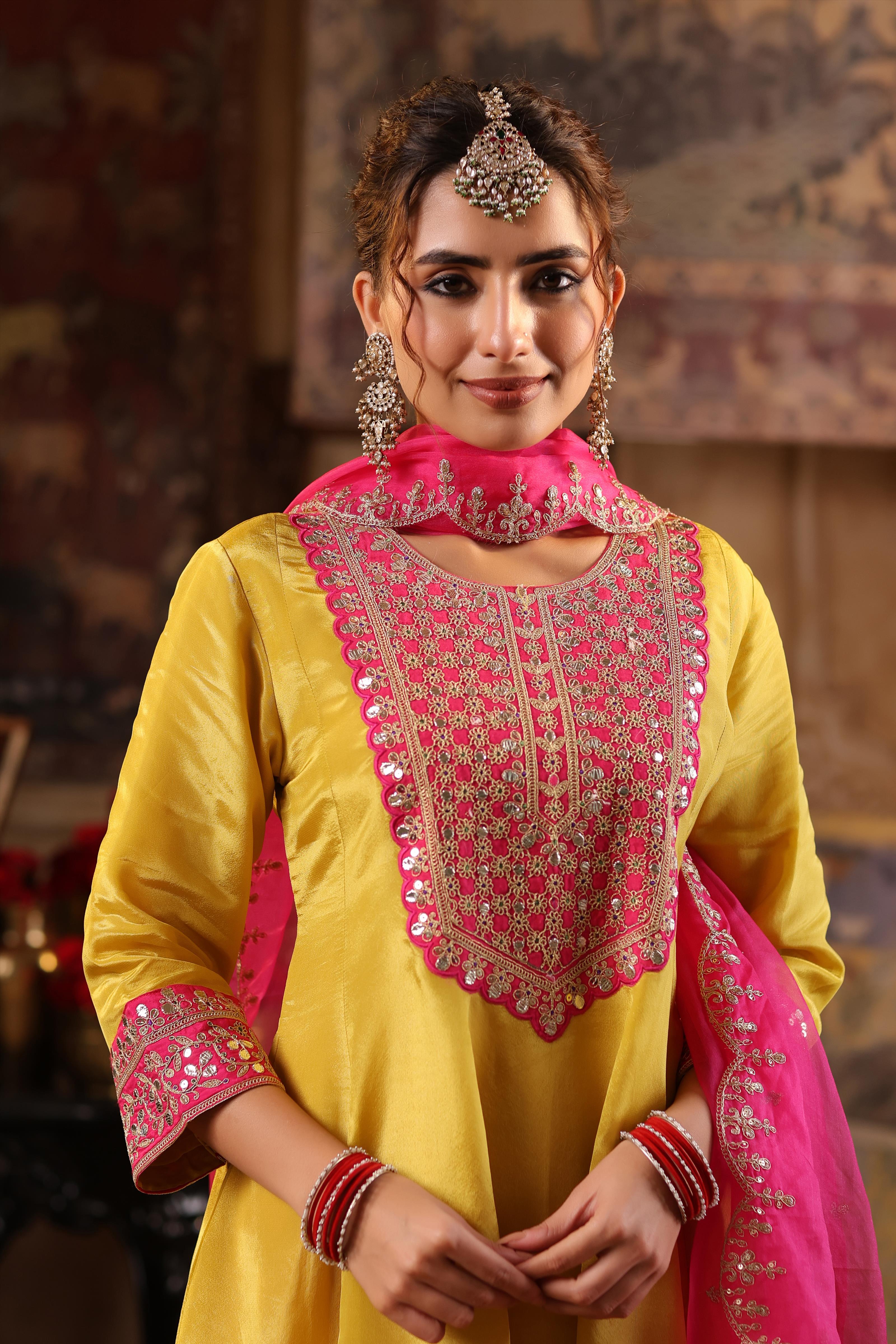 Lime Green-Fuchsia Shimmer Organza Dori-Gota Work Anarkali Set