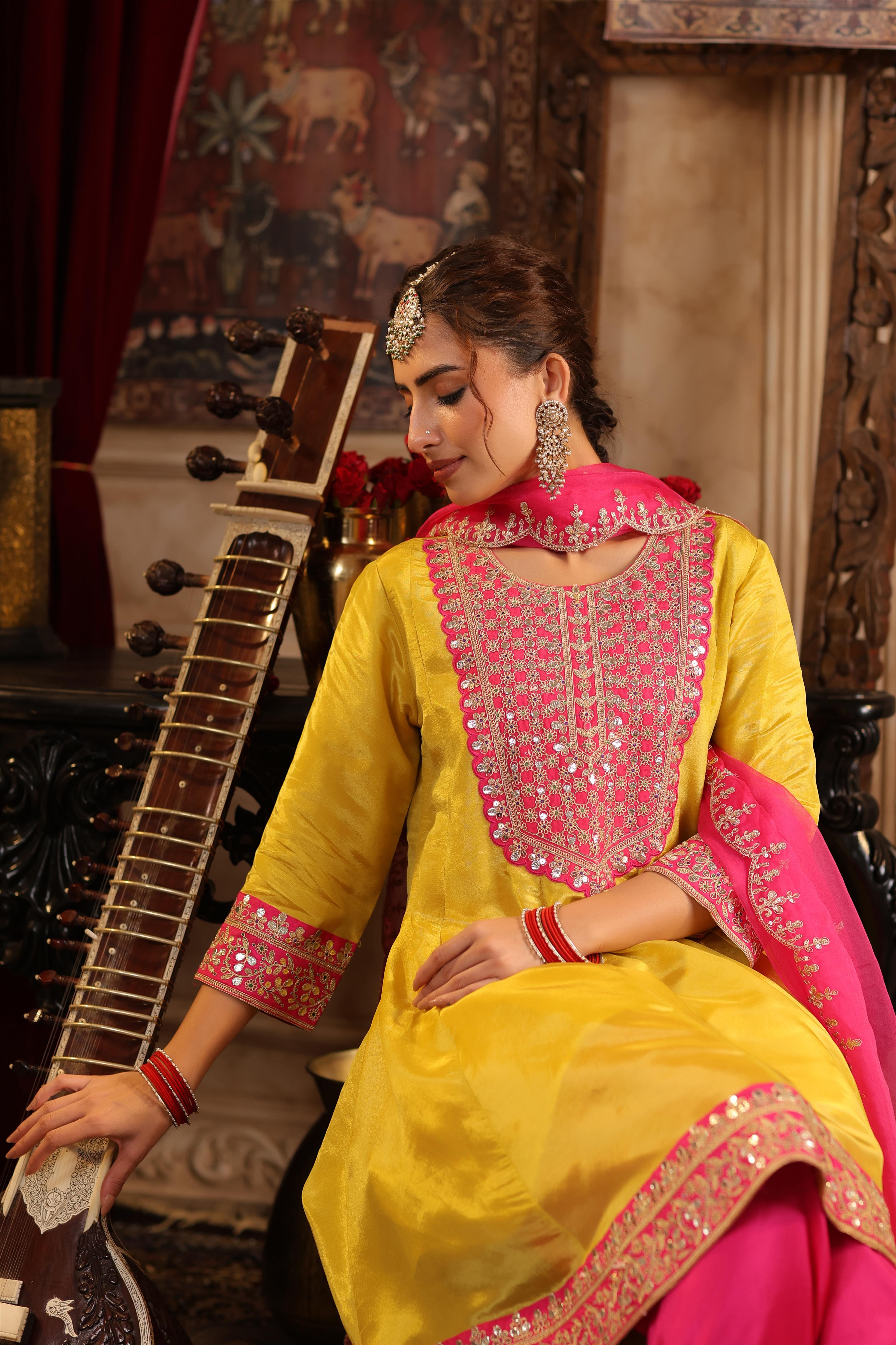 Lime Green-Fuchsia Shimmer Organza Dori-Gota Work Anarkali Set