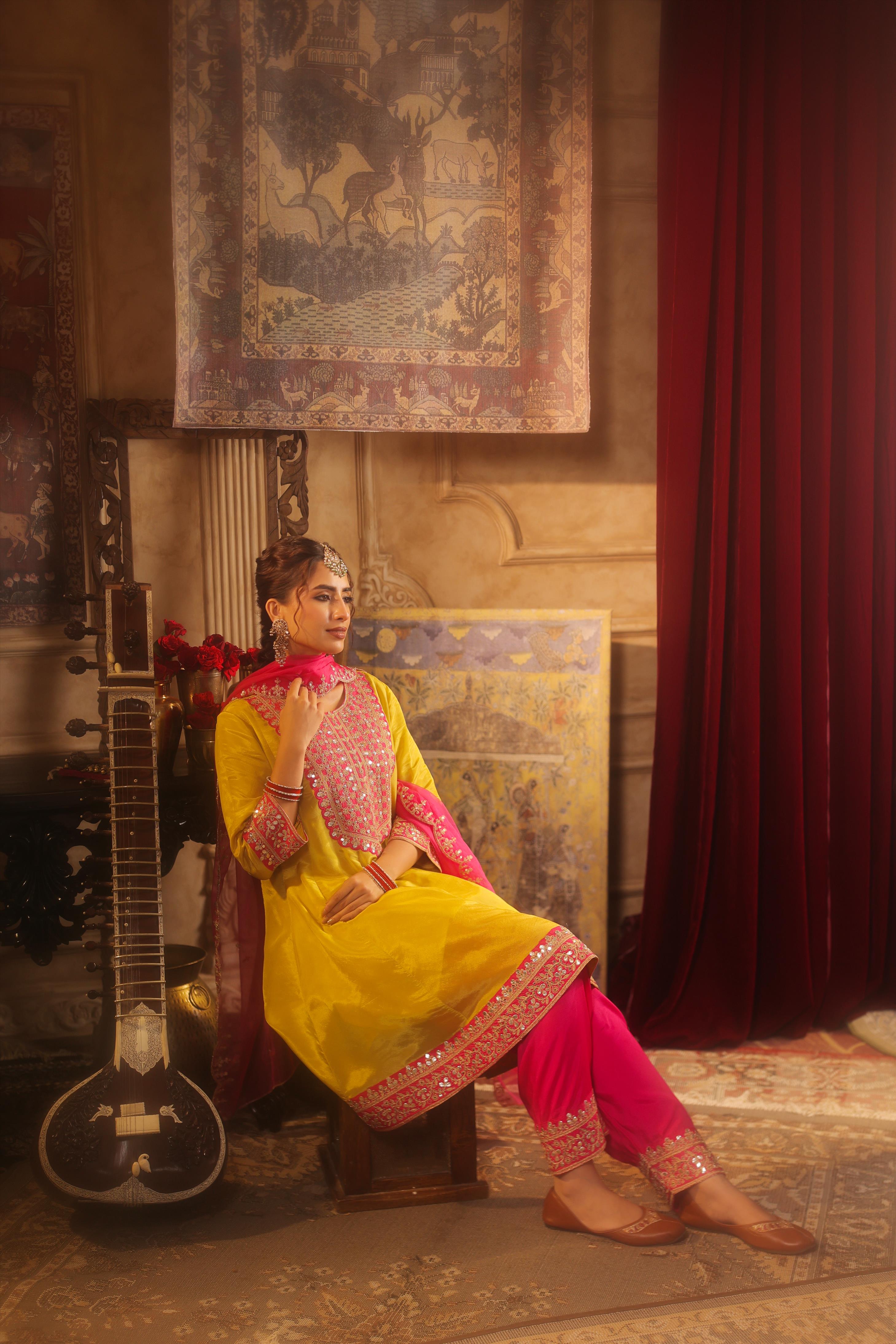 Lime Green-Fuchsia Shimmer Organza Dori-Gota Work Anarkali Set