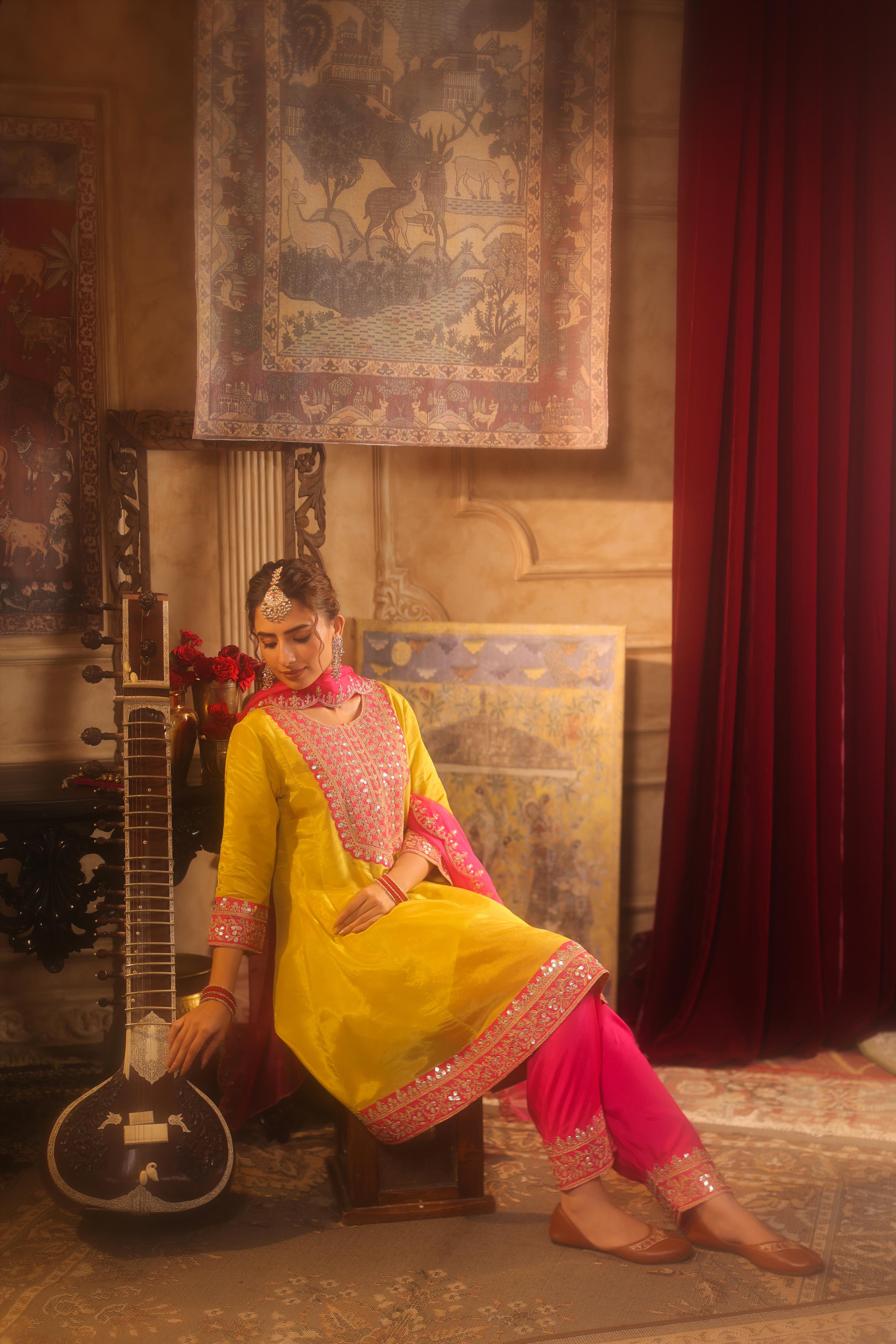 Lime Green-Fuchsia Shimmer Organza Dori-Gota Work Anarkali Set