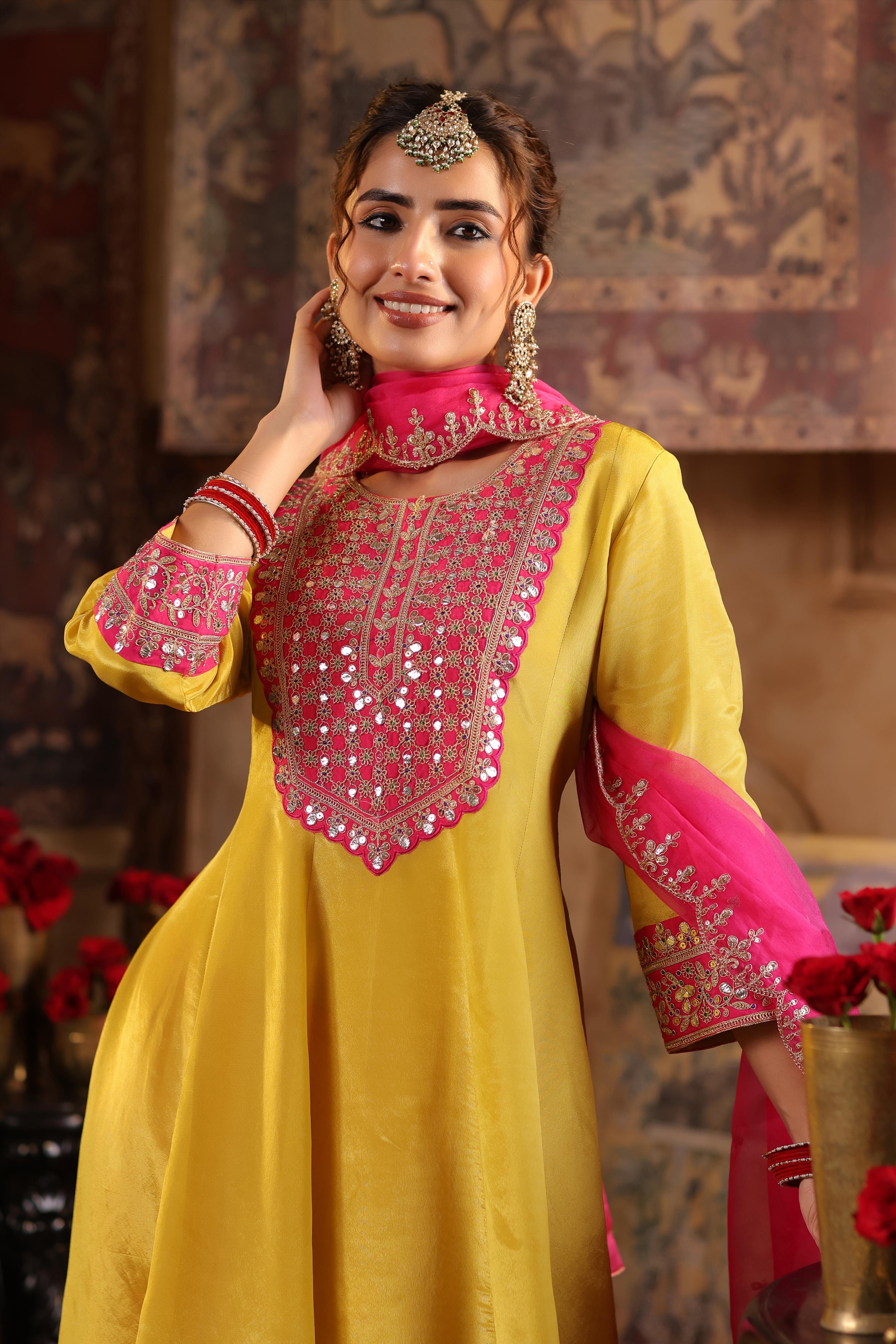 Lime Green-Fuchsia Shimmer Organza Dori-Gota Work Anarkali Set