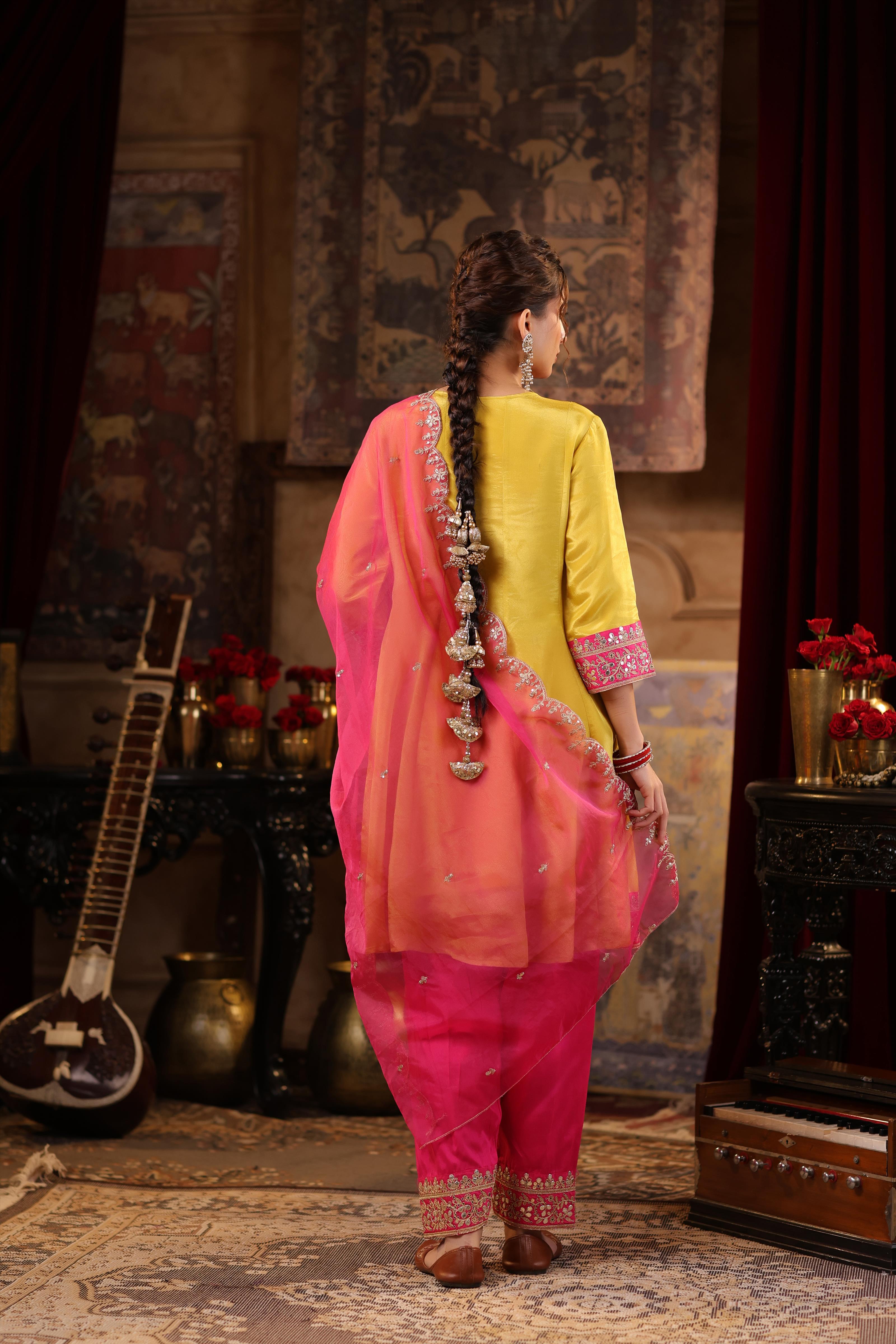 Lime Green-Fuchsia Shimmer Organza Dori-Gota Work Anarkali Set