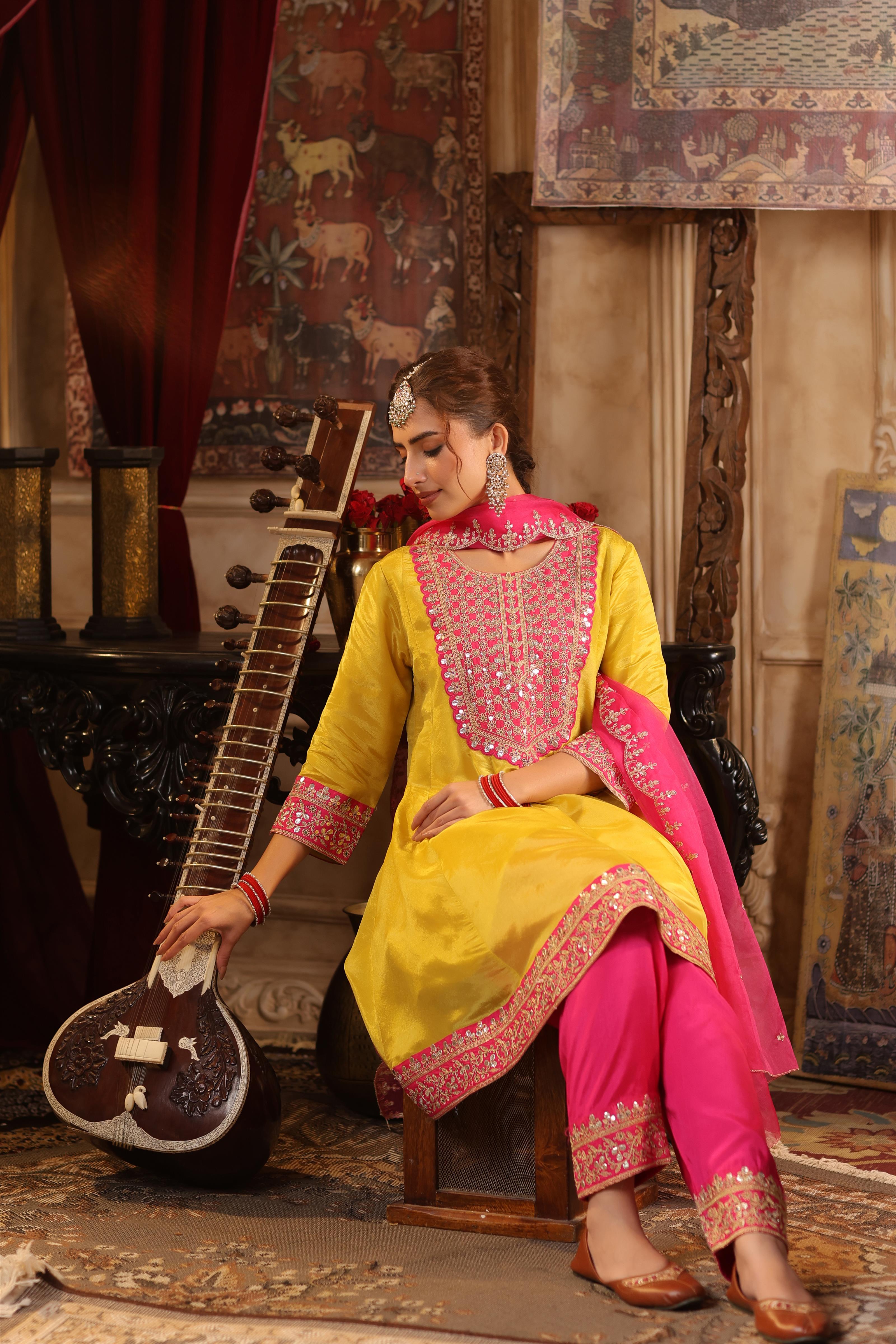 Lime Green-Fuchsia Shimmer Organza Dori-Gota Work Anarkali Set