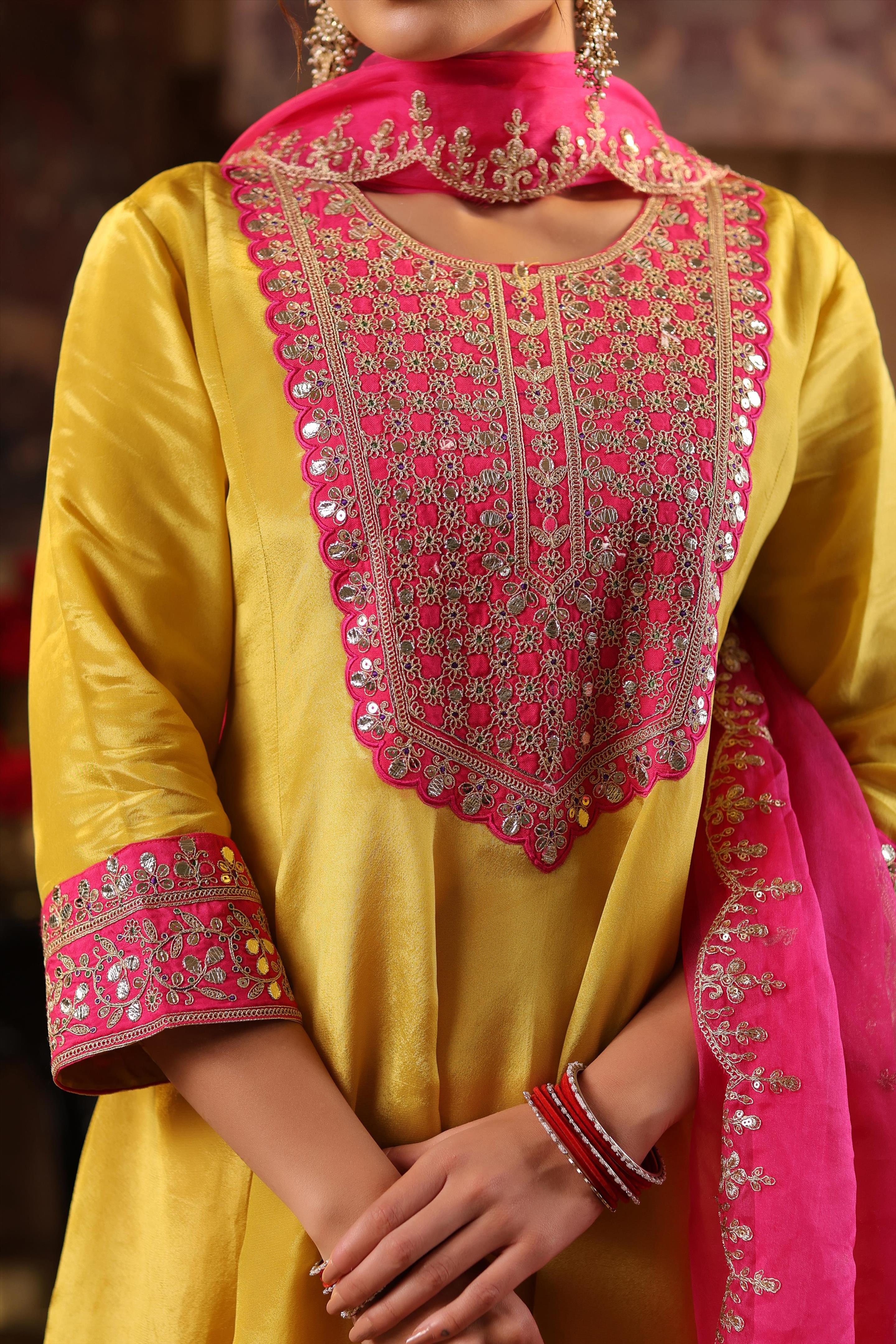 Lime Green-Fuchsia Shimmer Organza Dori-Gota Work Anarkali Set