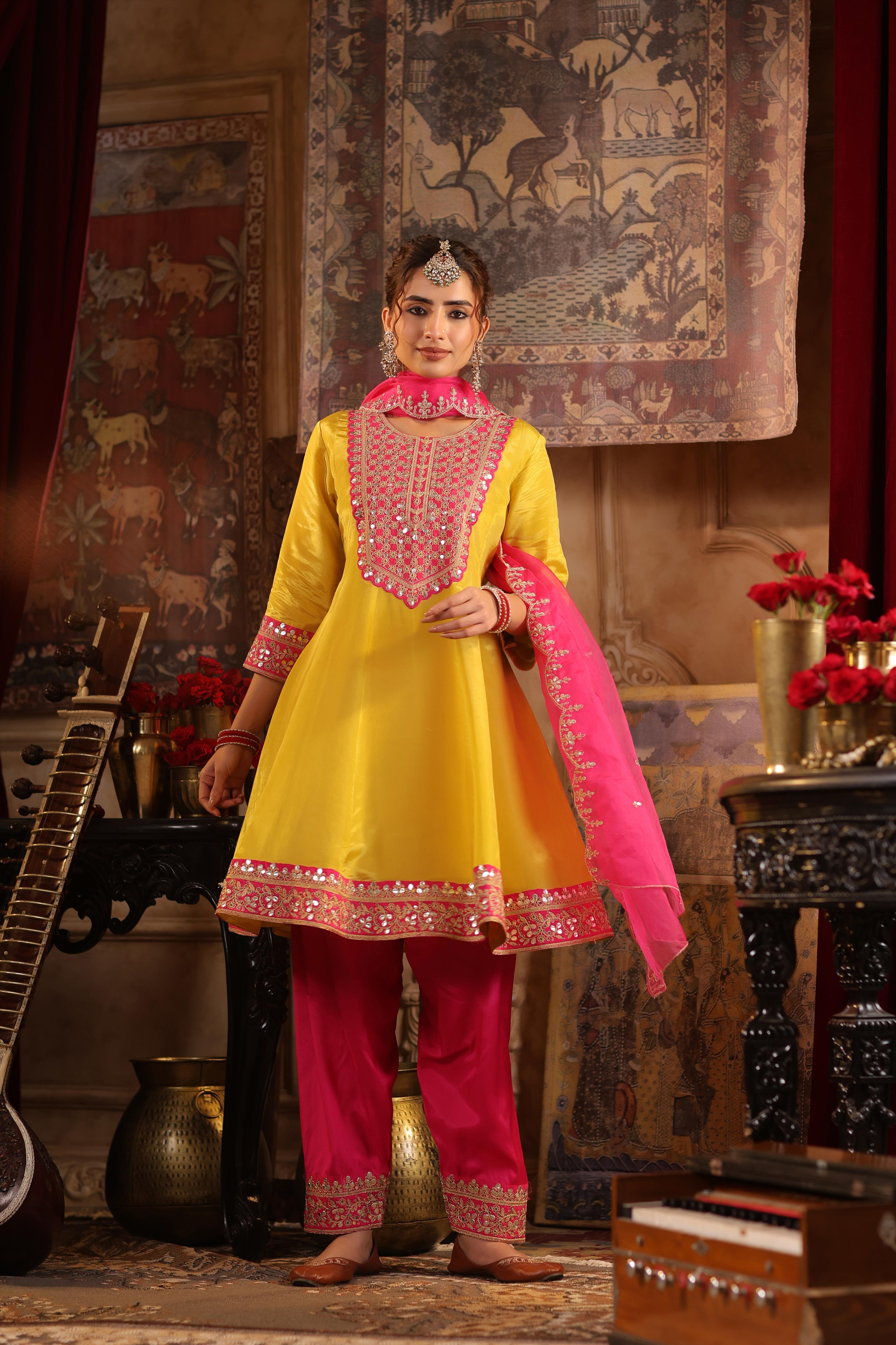 Lime Green-Fuchsia Shimmer Organza Dori-Gota Work Anarkali Set