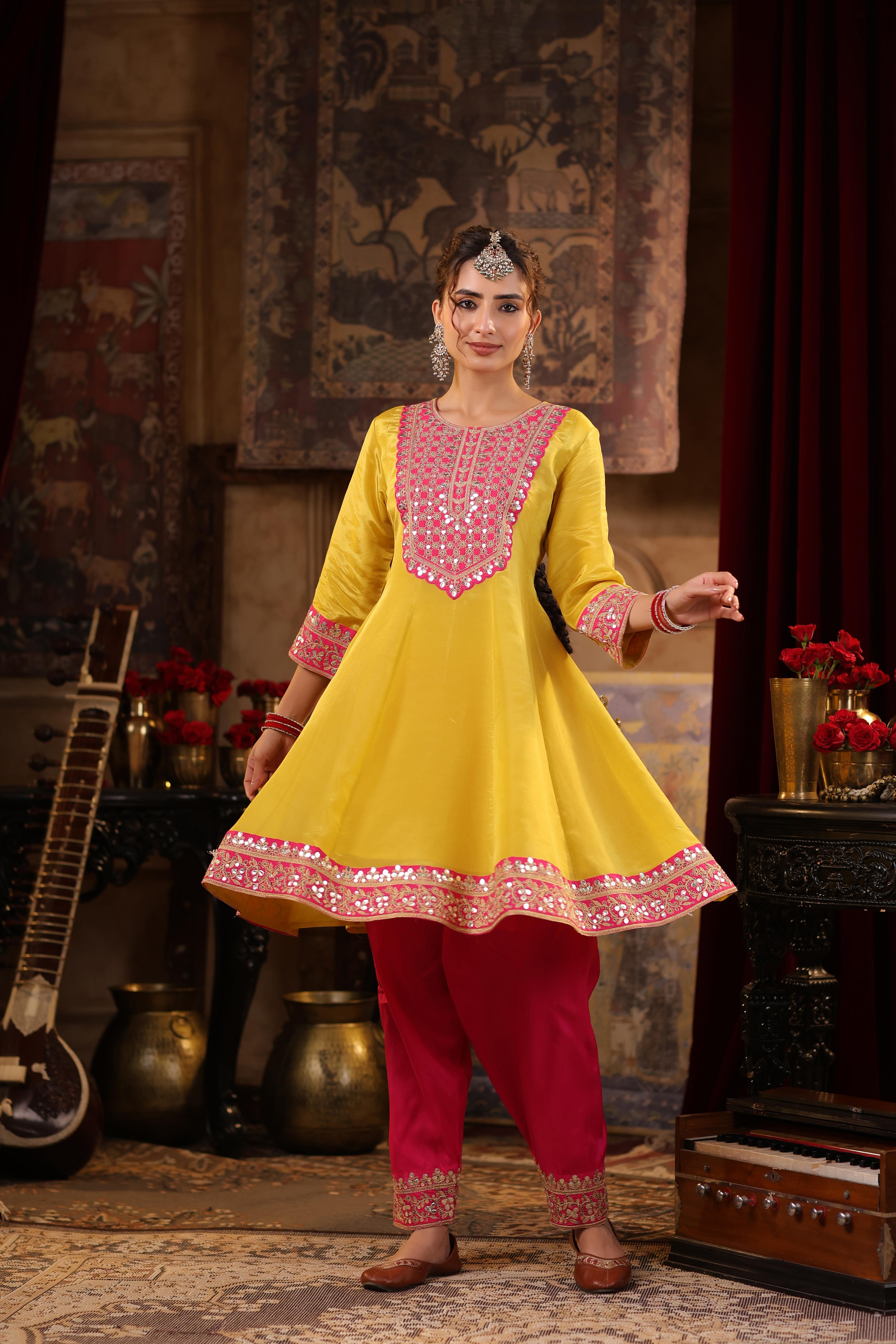 Lime Green-Fuchsia Shimmer Organza Dori-Gota Work Anarkali Set