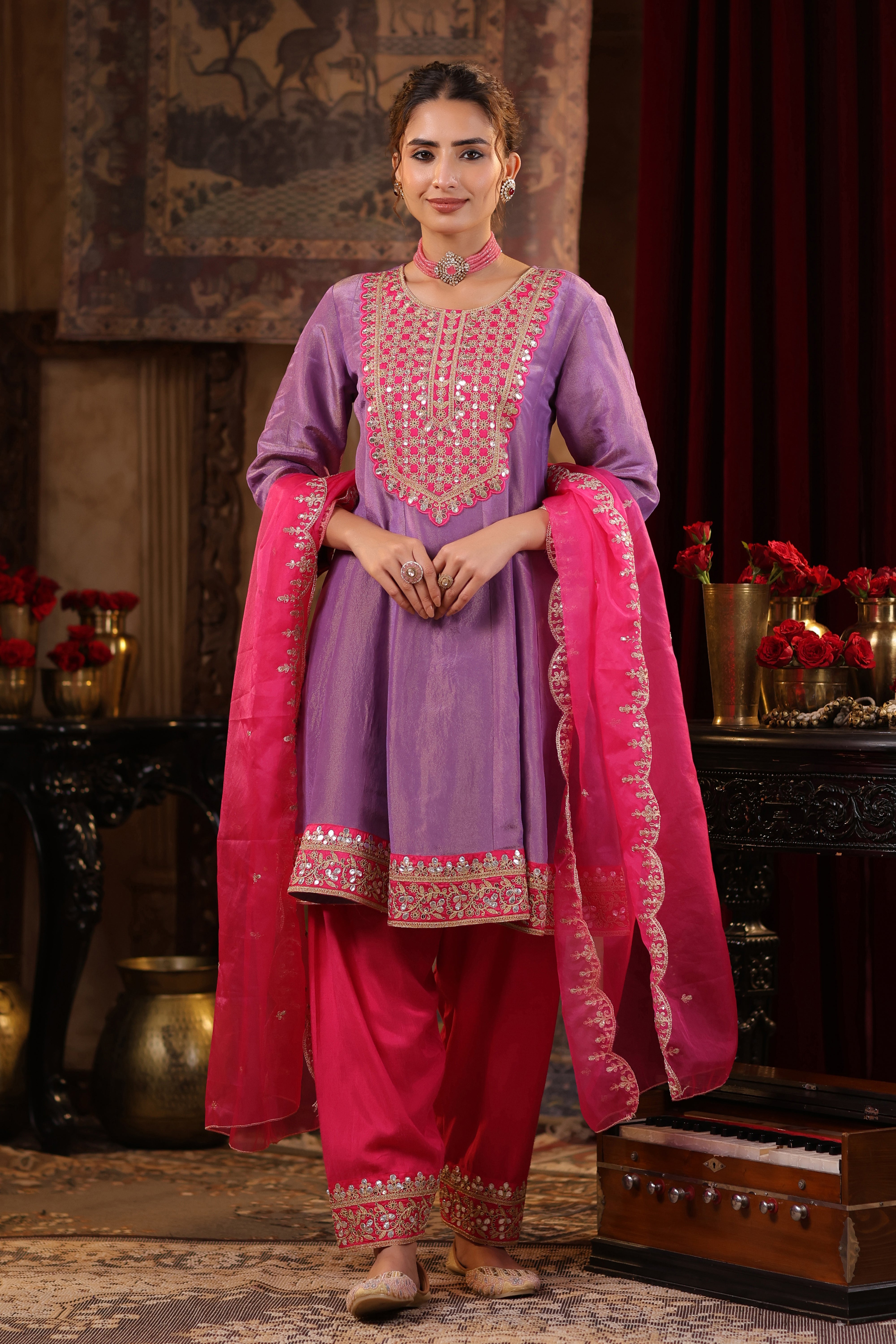 Purple-Fuchsia Shimmer Organza Dori-Gota Work Anarkali Set