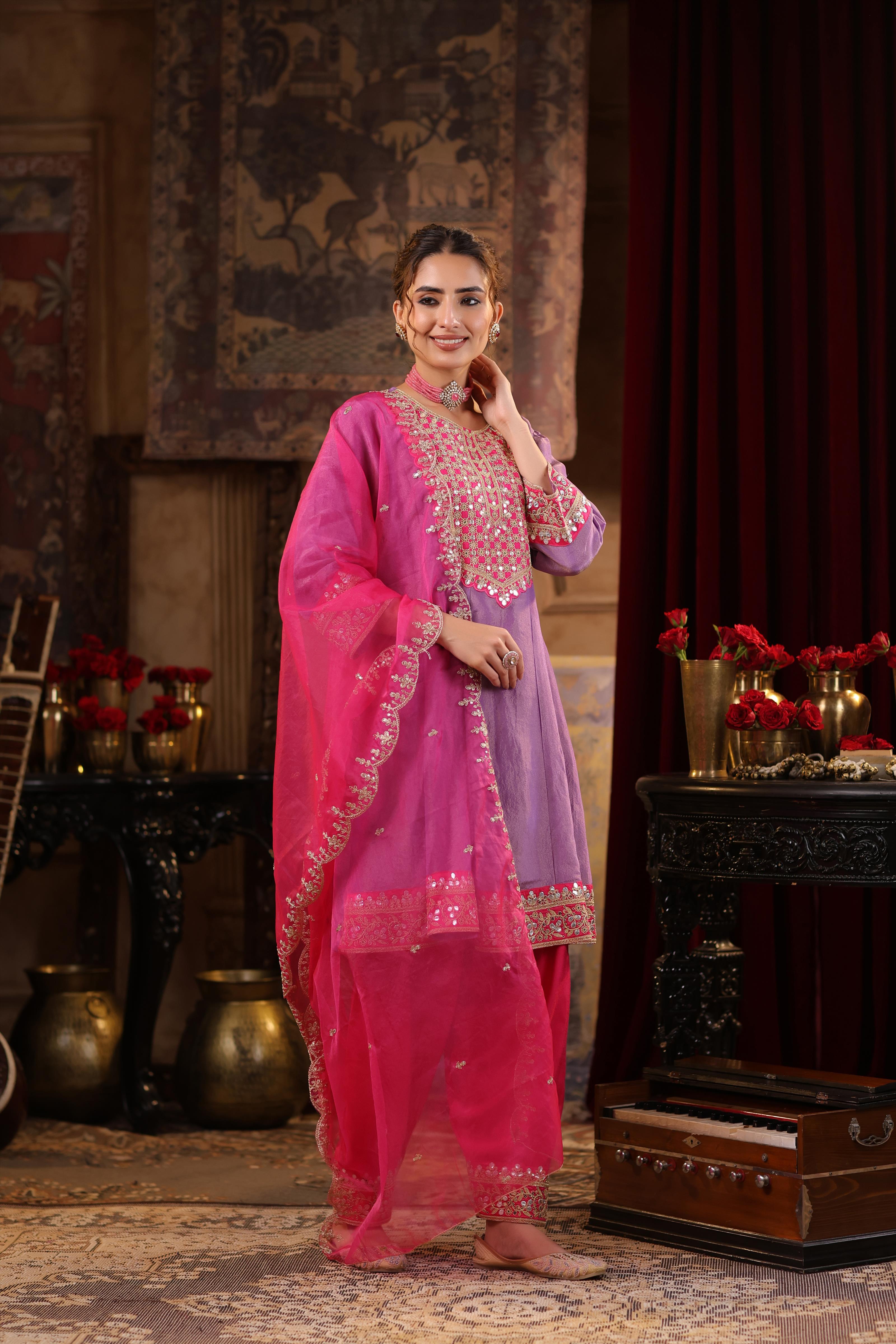 Purple-Fuchsia Shimmer Organza Dori-Gota Work Anarkali Set