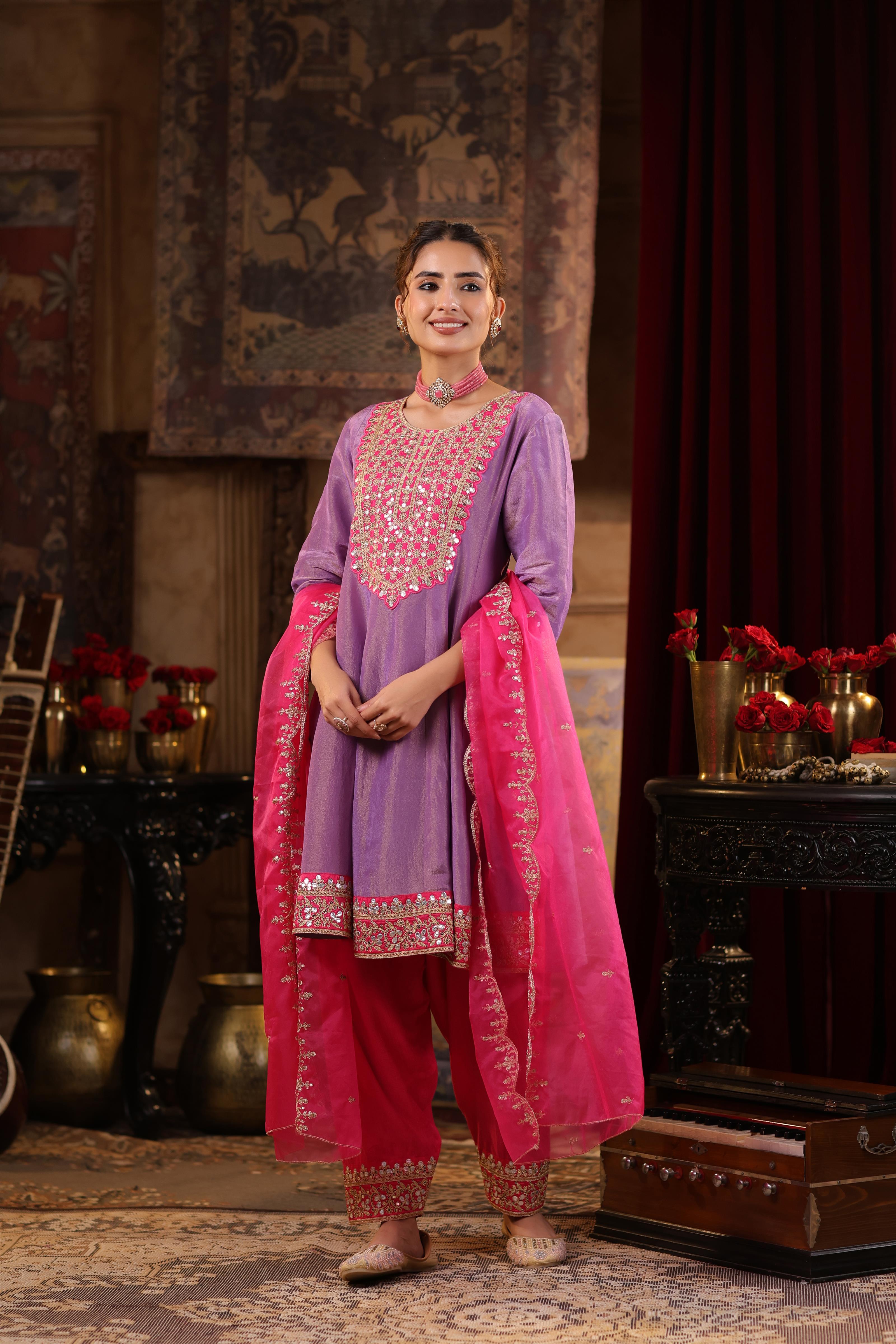 Purple-Fuchsia Shimmer Organza Dori-Gota Work Anarkali Set