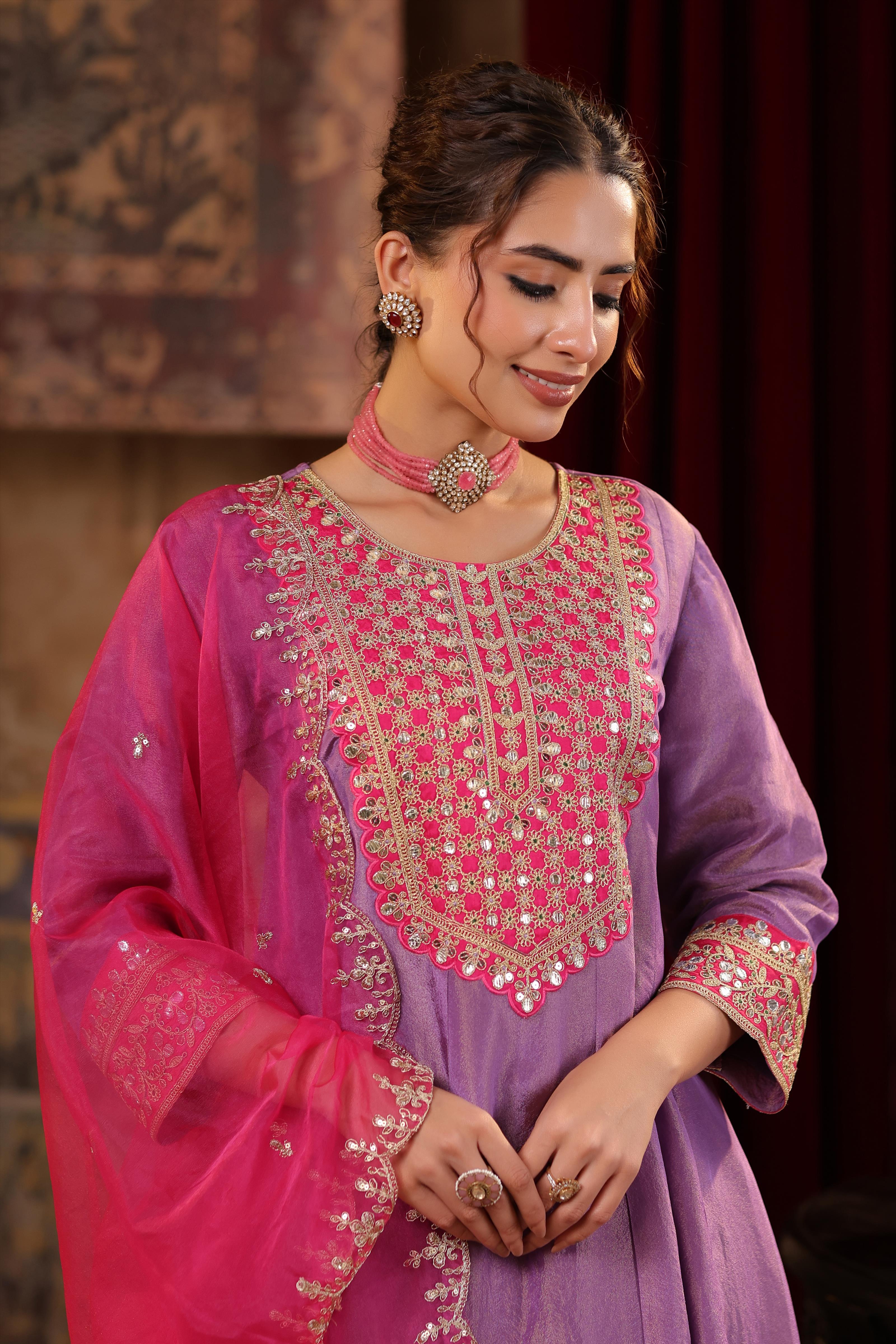 Purple-Fuchsia Shimmer Organza Dori-Gota Work Anarkali Set