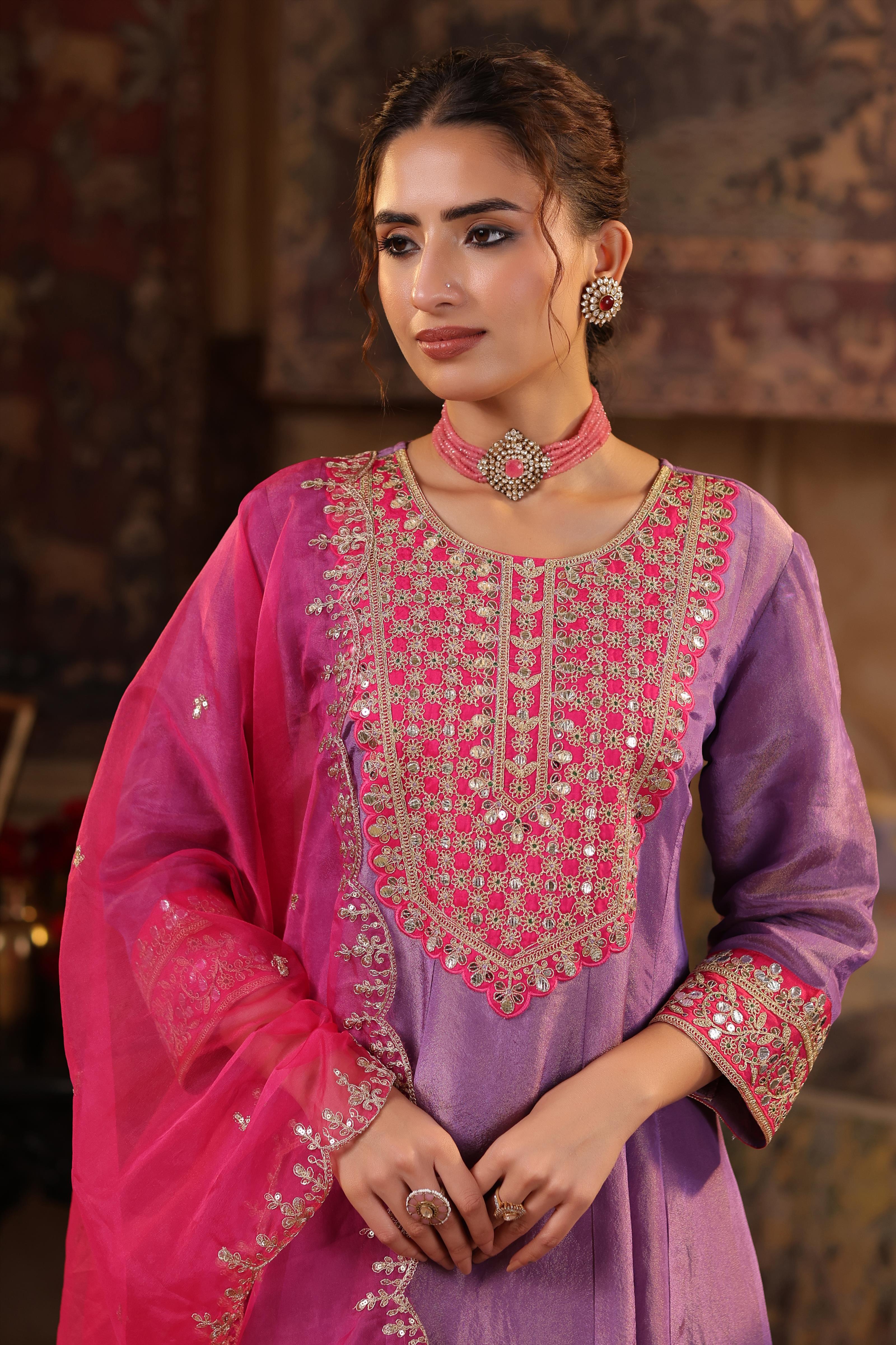 Purple-Fuchsia Shimmer Organza Dori-Gota Work Anarkali Set