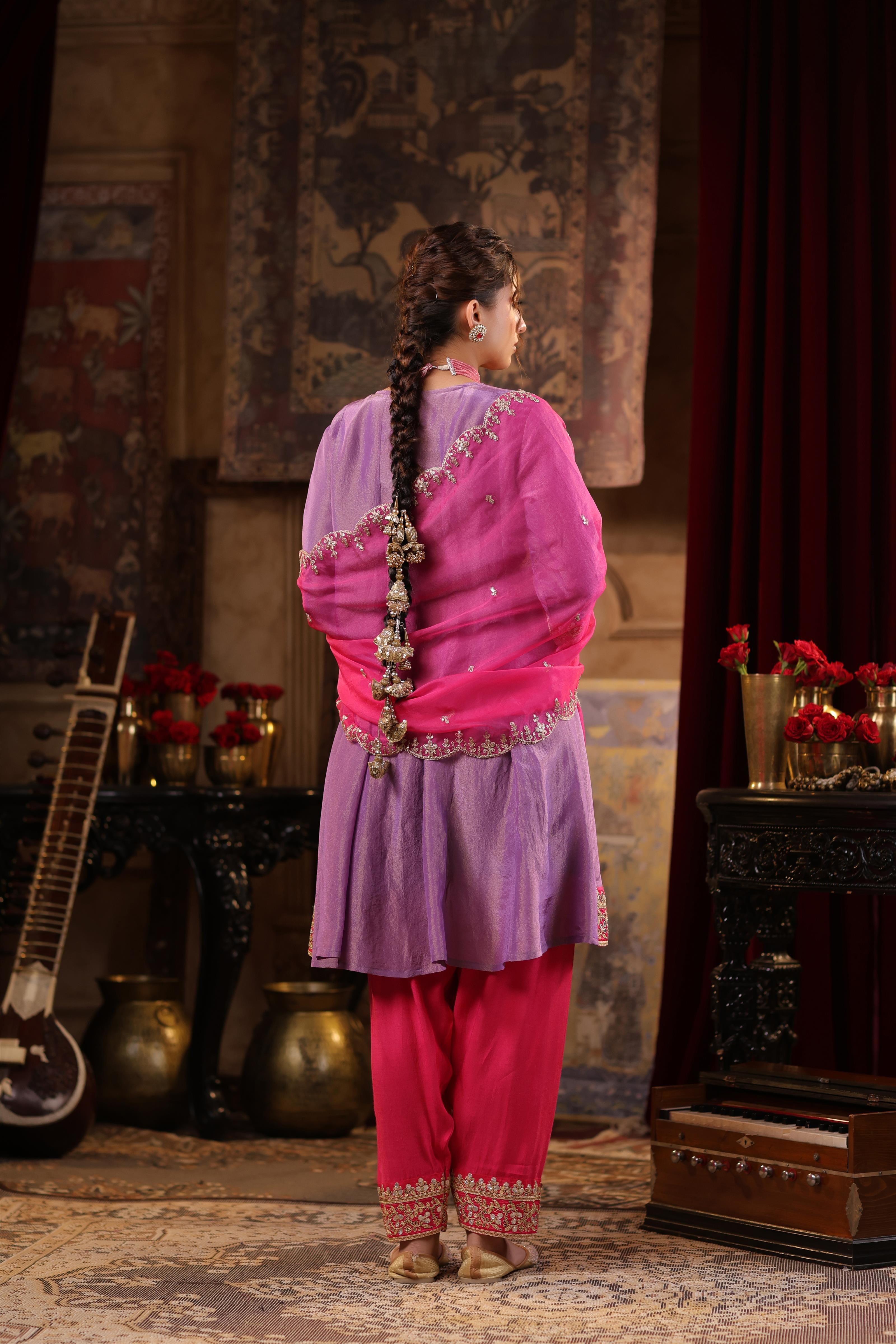 Purple-Fuchsia Shimmer Organza Dori-Gota Work Anarkali Set