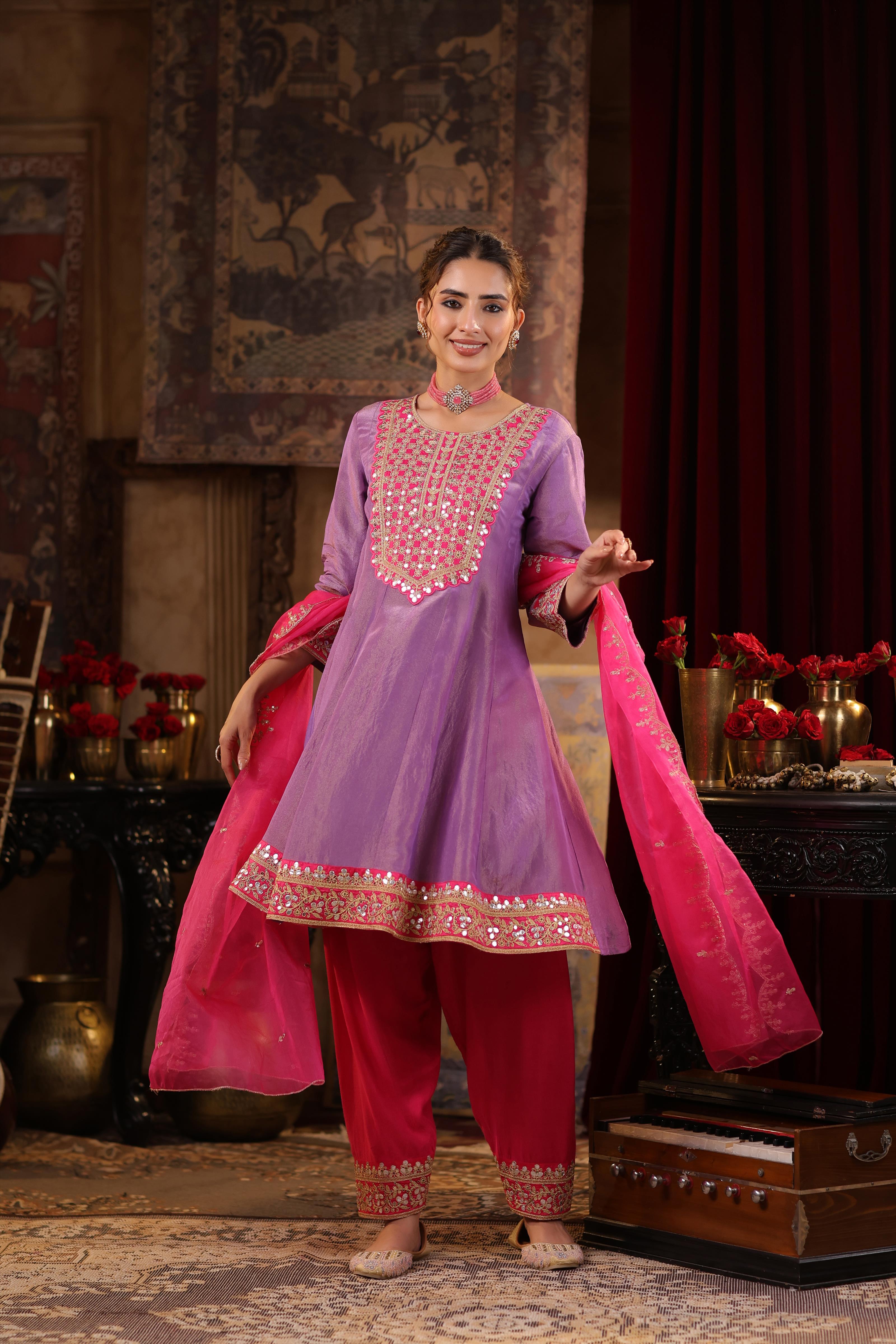 Purple-Fuchsia Shimmer Organza Dori-Gota Work Anarkali Set