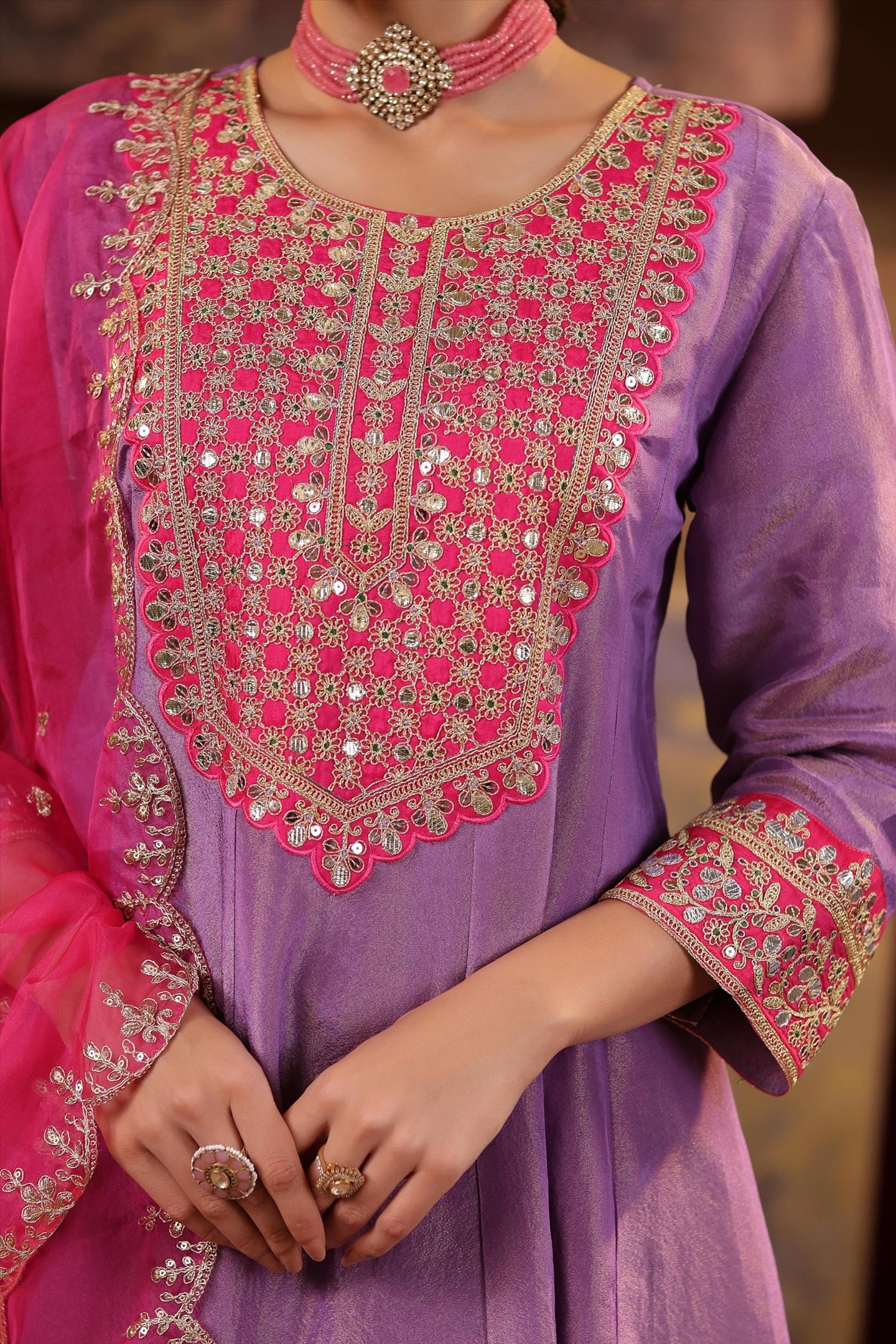 Purple-Fuchsia Shimmer Organza Dori-Gota Work Anarkali Set