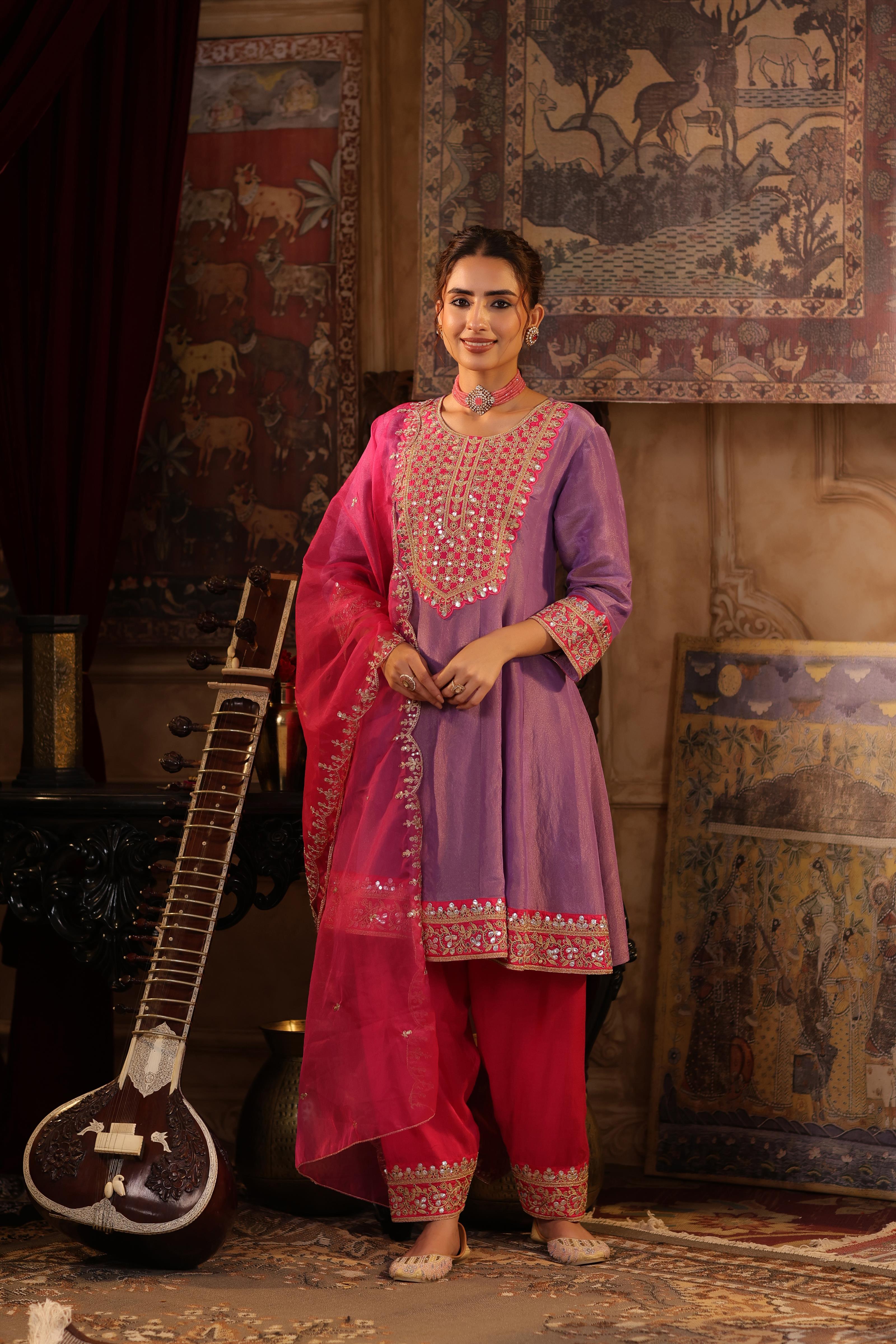 Purple-Fuchsia Shimmer Organza Dori-Gota Work Anarkali Set