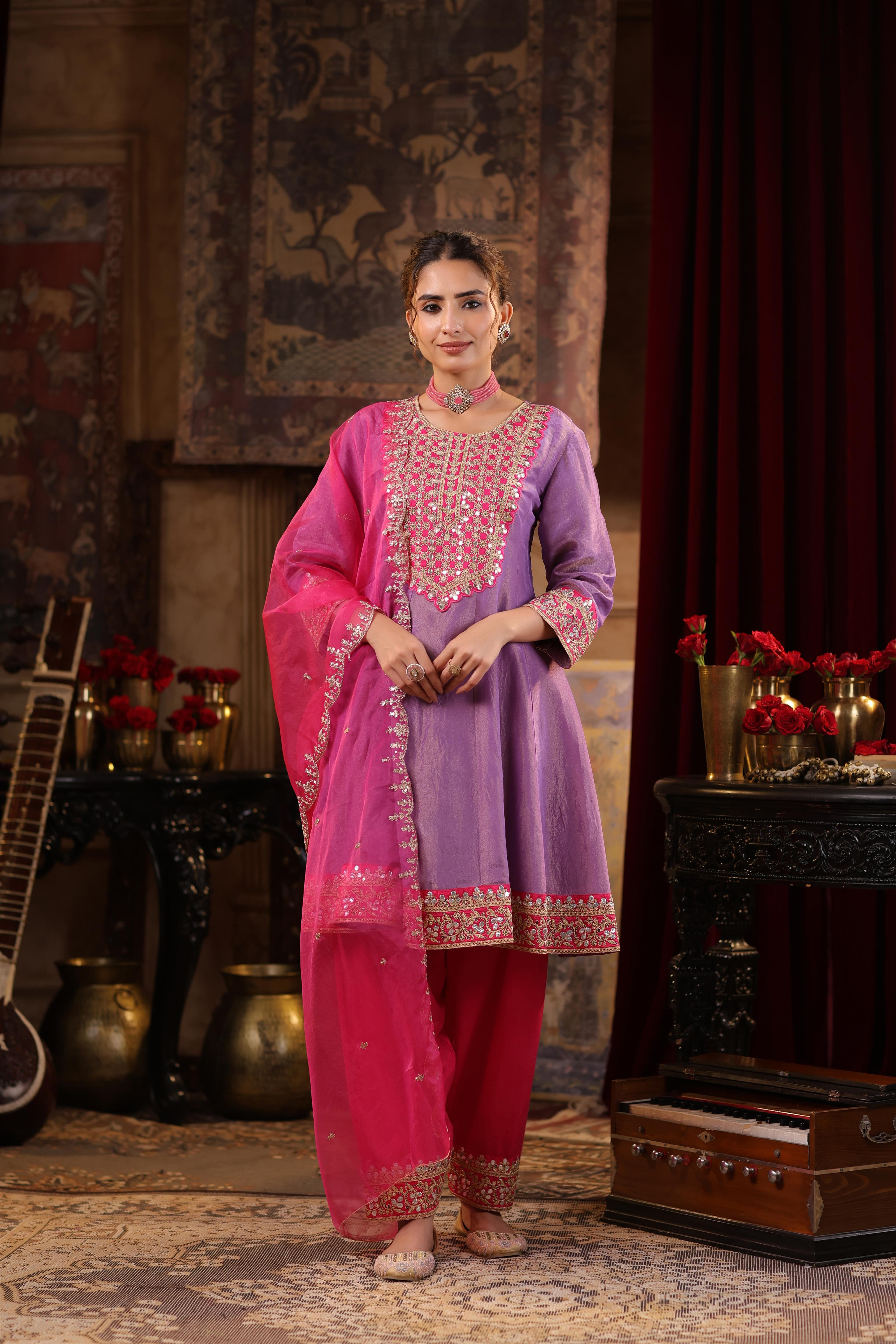 Purple-Fuchsia Shimmer Organza Dori-Gota Work Anarkali Set