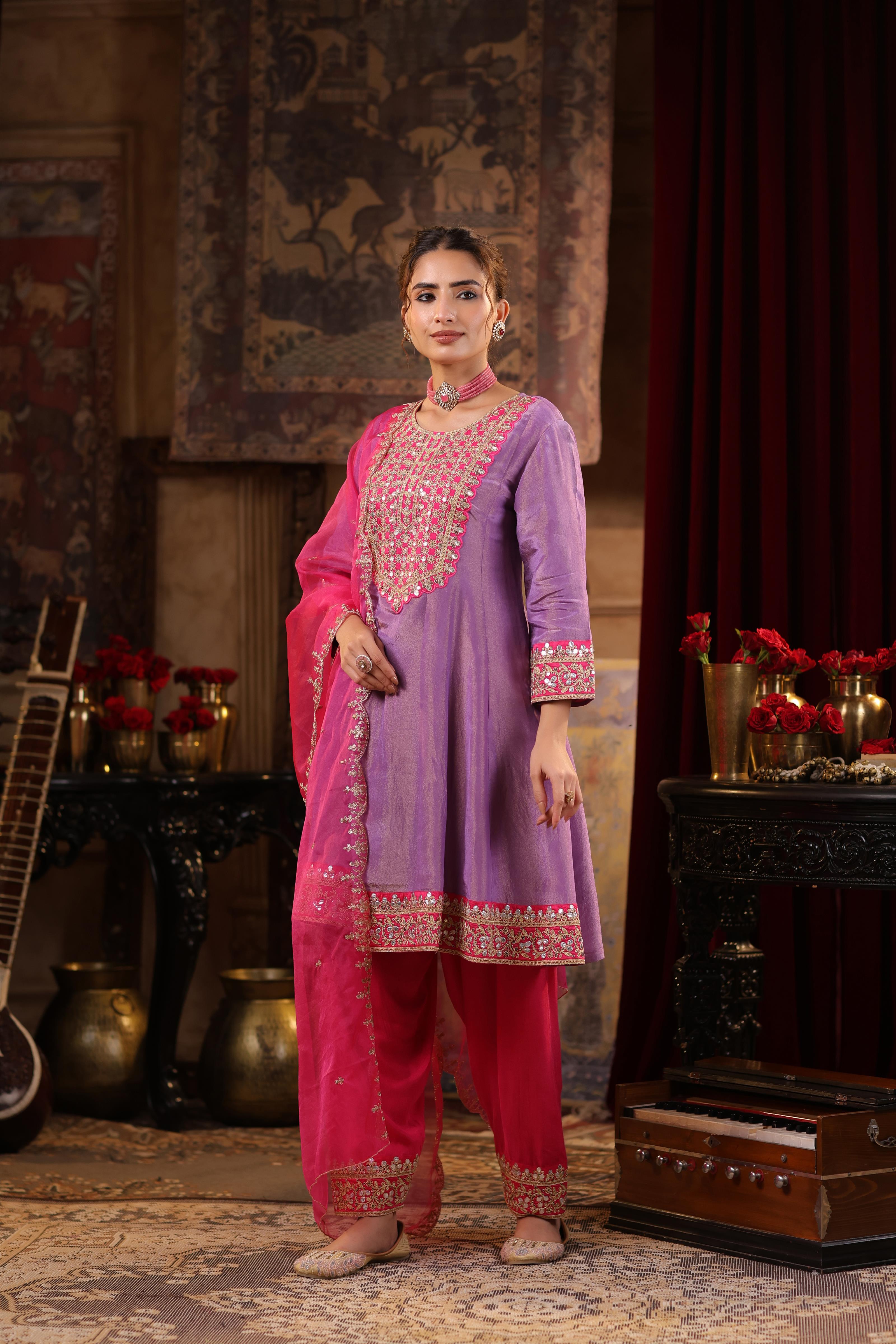 Purple-Fuchsia Shimmer Organza Dori-Gota Work Anarkali Set