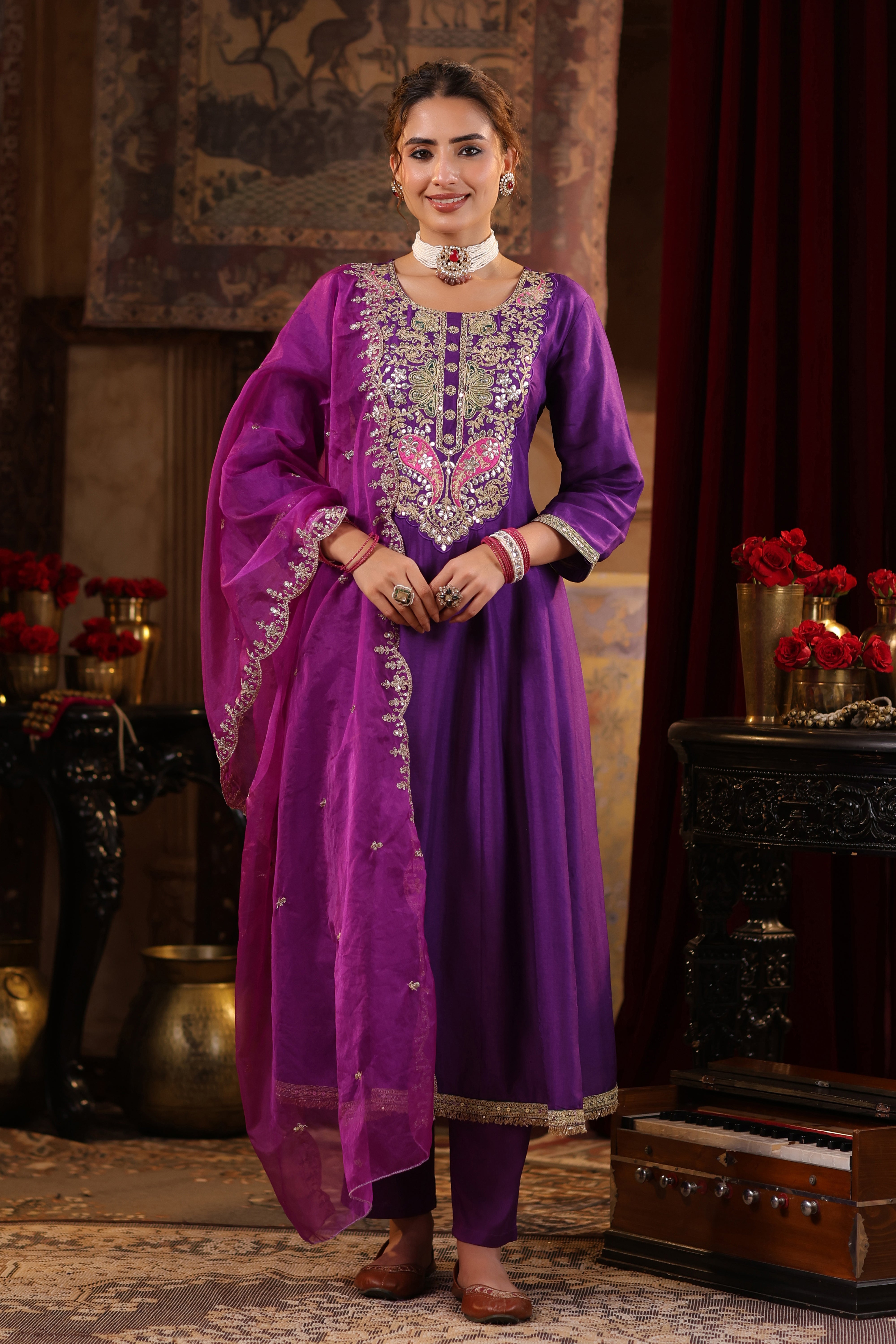 Purple Dupion Silk Dori-Gota Work Anarkali Set