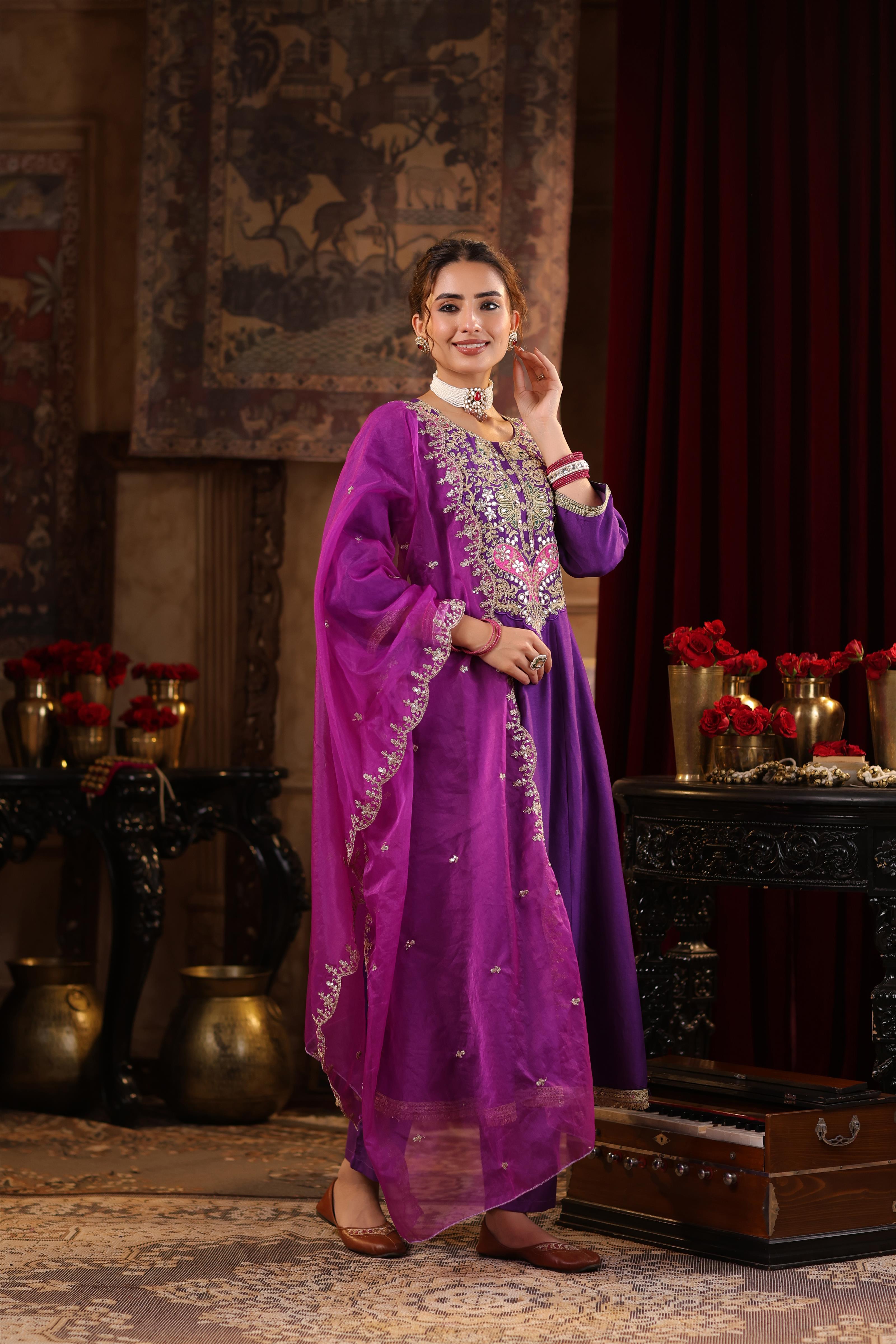 Purple Dupion Silk Dori-Gota Work Anarkali Set