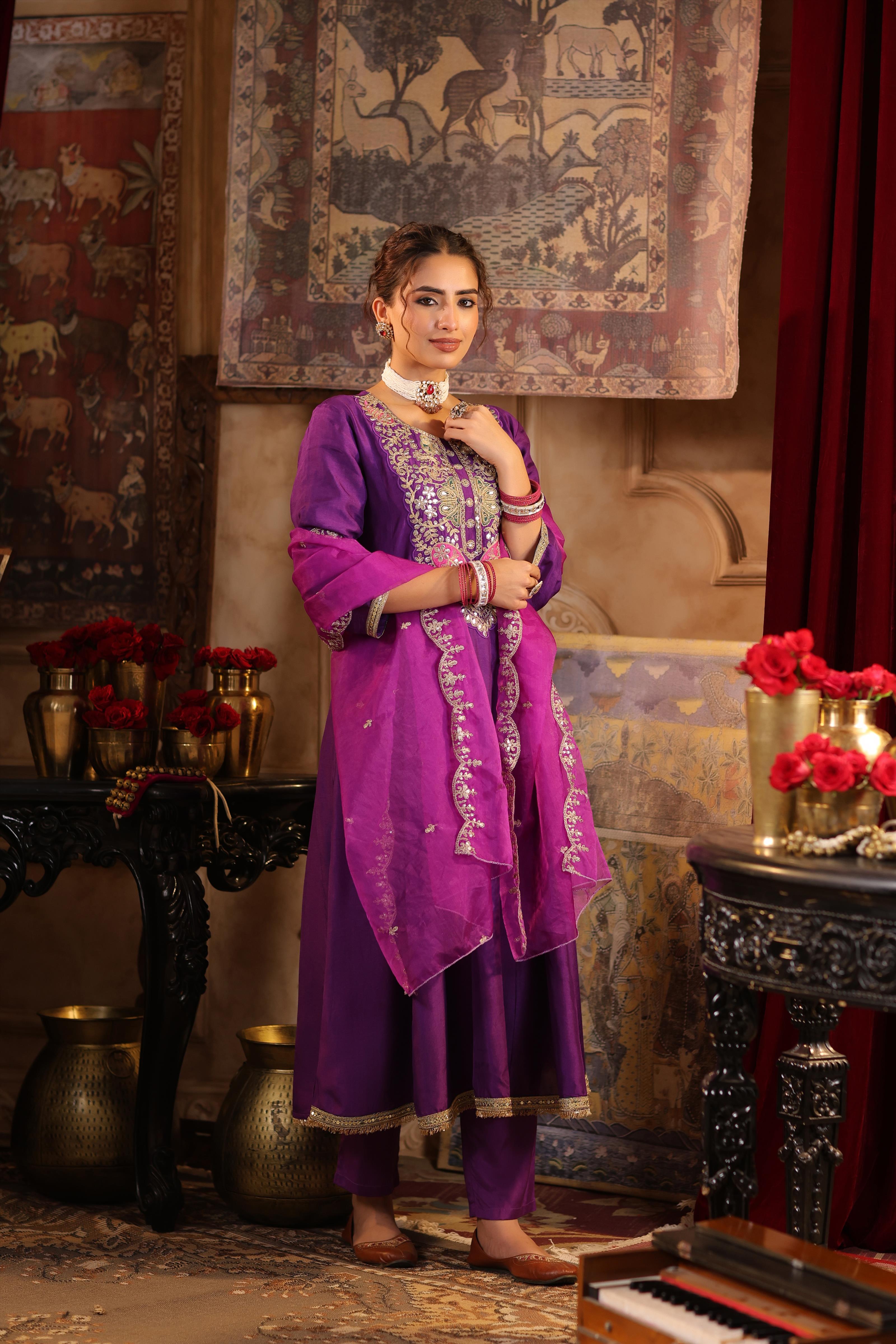 Purple Dupion Silk Dori-Gota Work Anarkali Set